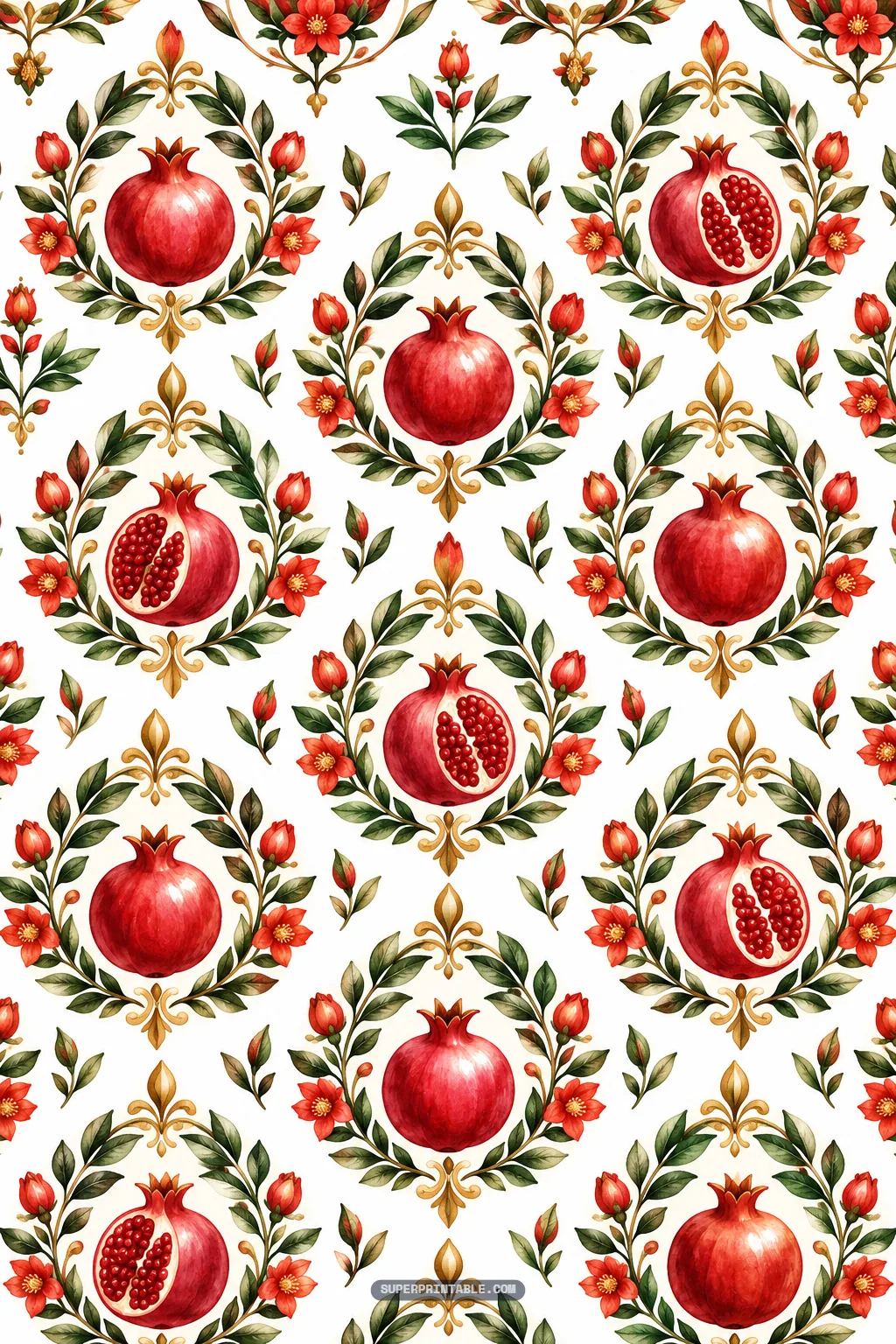 Victorian damask pomegranate garden digital papers pattern with heraldic wreaths