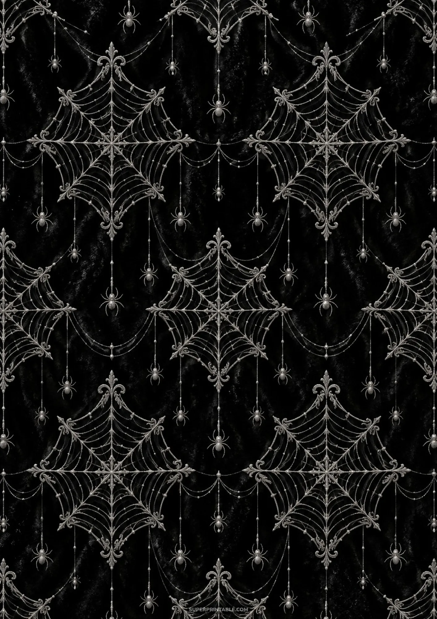 Ornate silver filigree spiderweb damask pattern with hanging spiders over a deep black textured backdrop