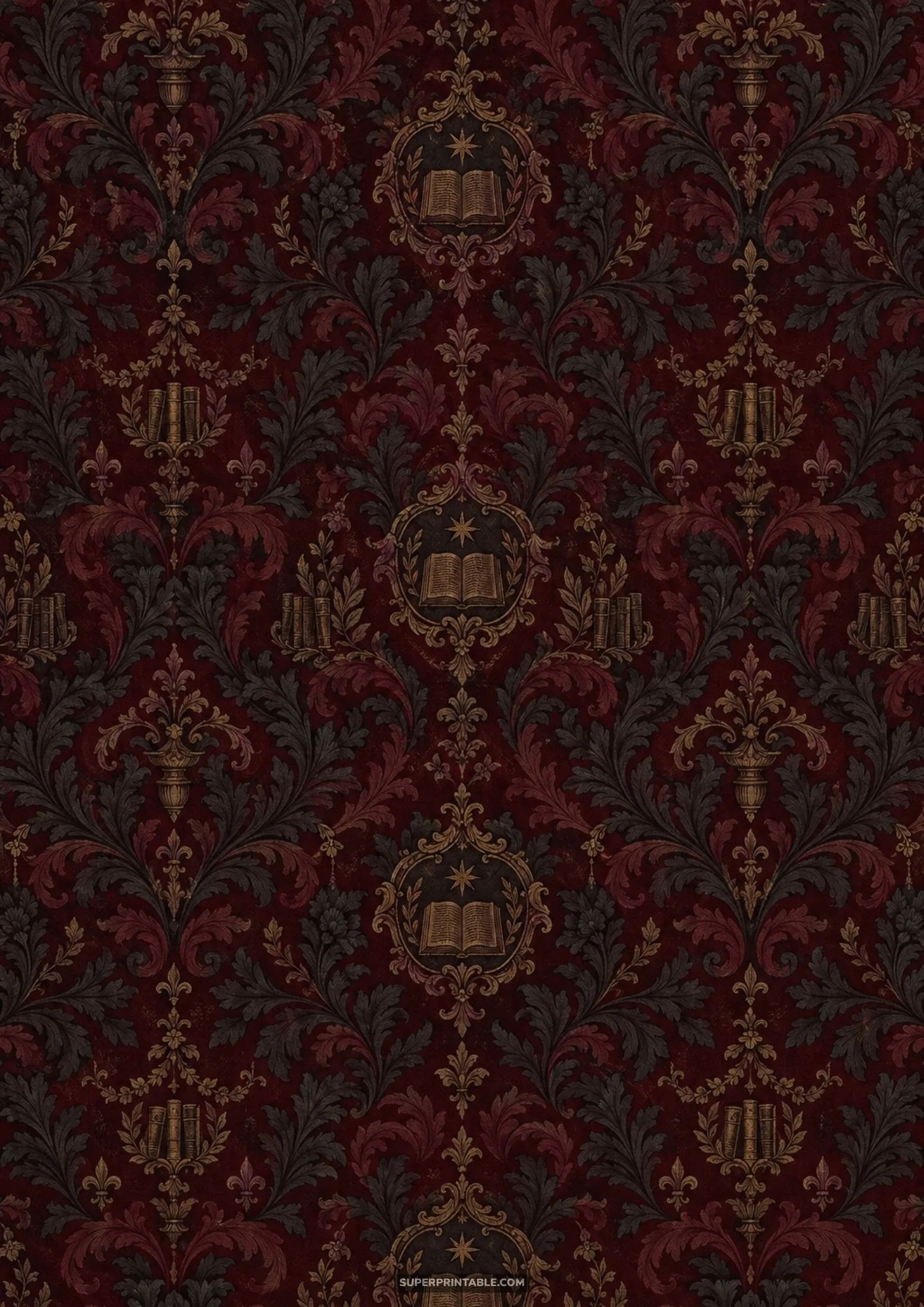 Deep burgundy and gold baroque damask pattern featuring open books and classical foliage motifs