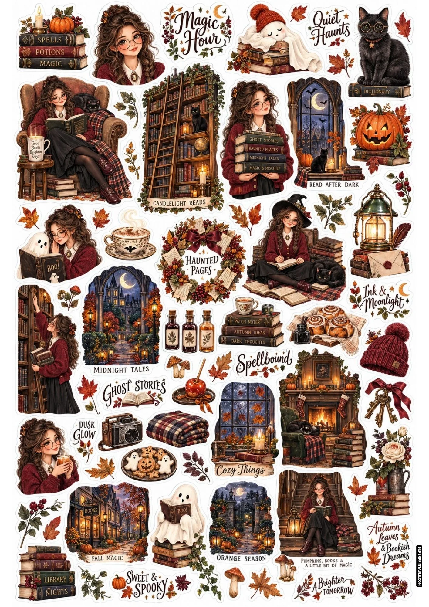 Dark academia sticker sheet with a witch reading books, vintage library shelves, and glowing windows