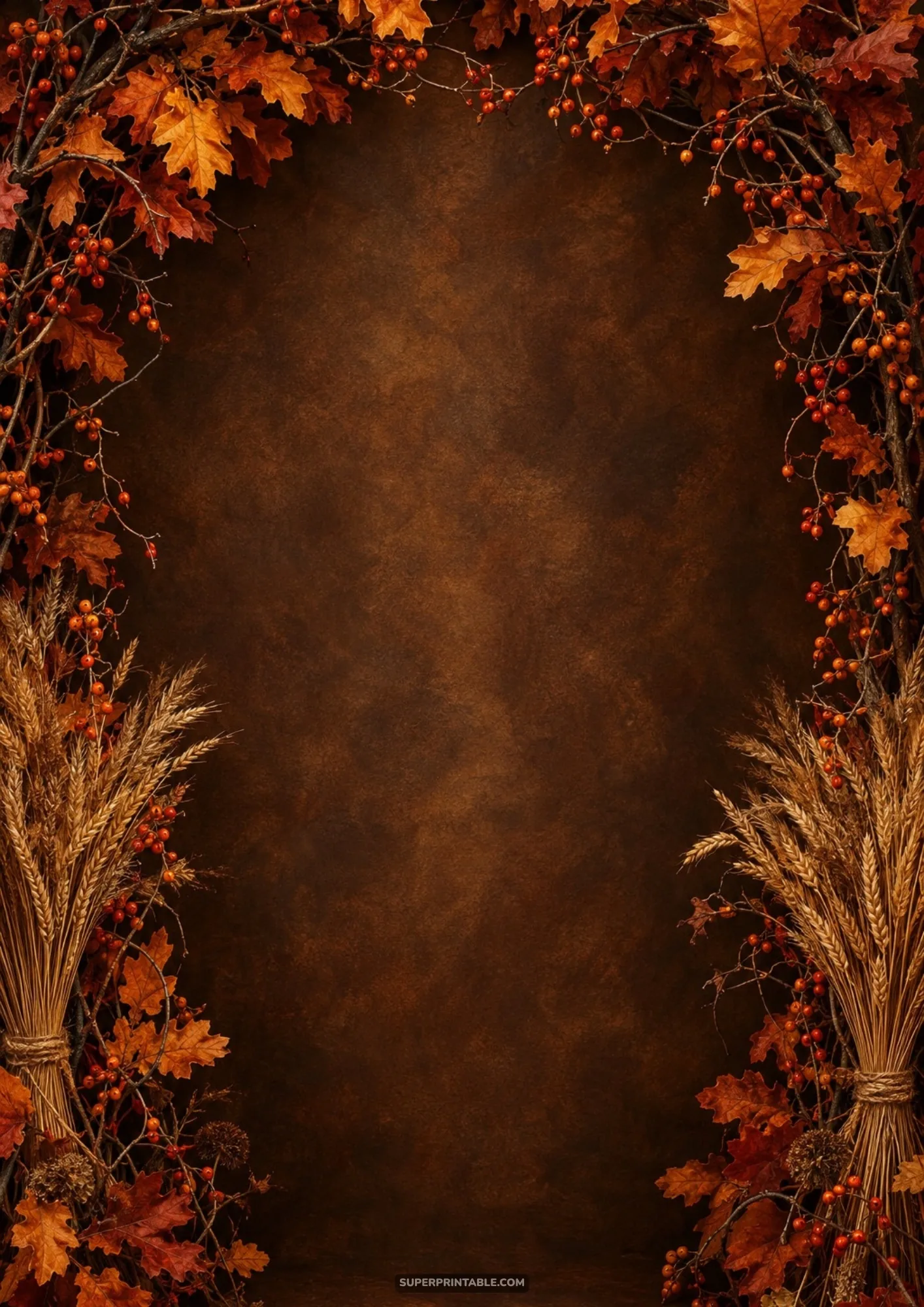 Moody studio background framed by dried wheat sheaves, autumn oak leaves, and bittersweet berries against dark brown wall.