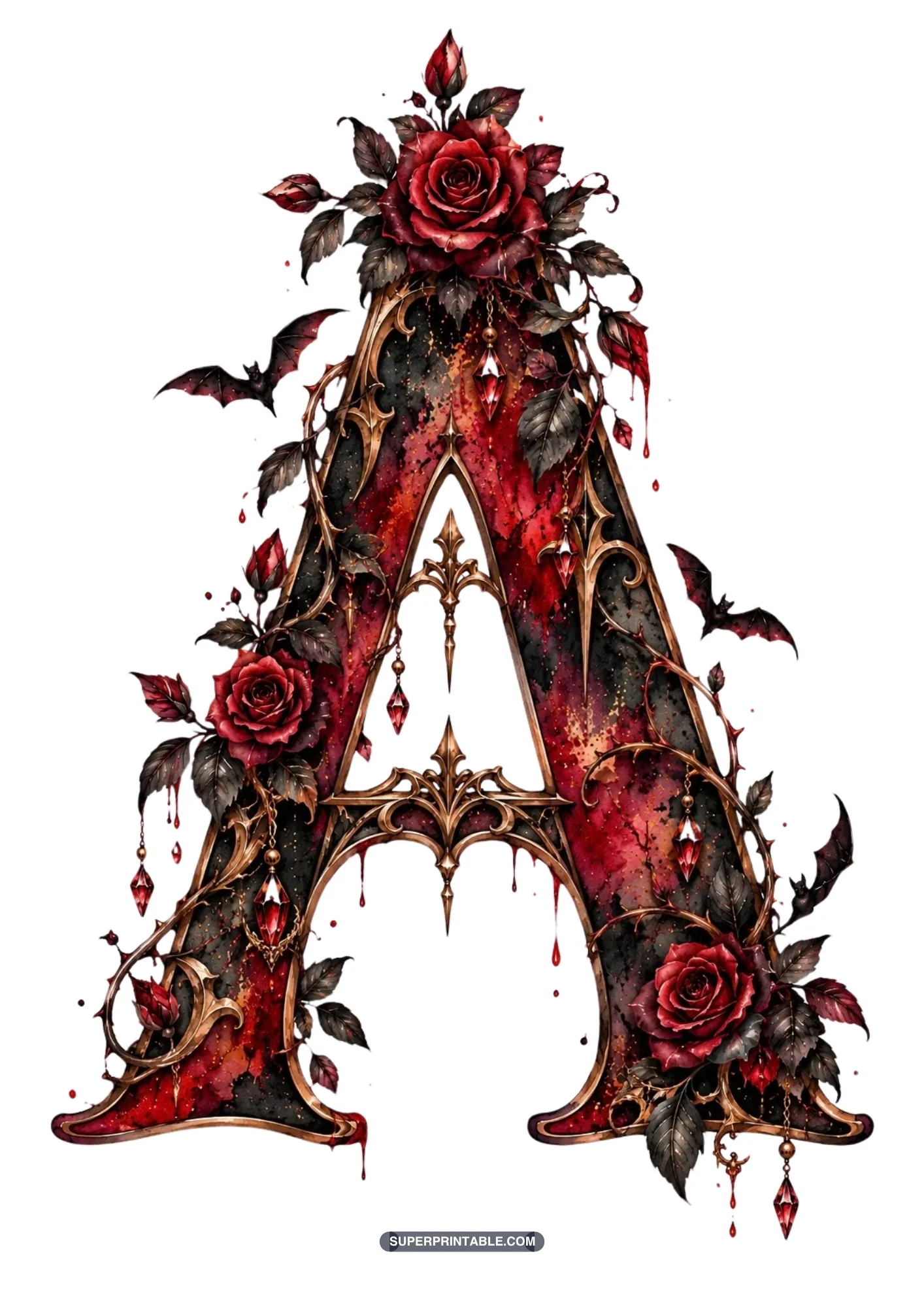 Vampire gothic alphabet clipart letter A embellished with crimson roses and gold filigree