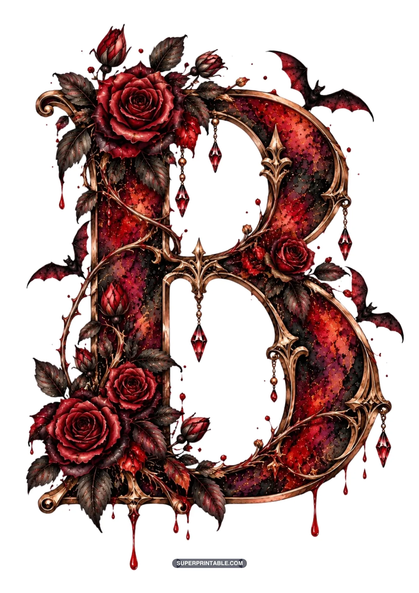 Vampire gothic alphabet clipart letter B with red roses, hanging crystals, and flying bats