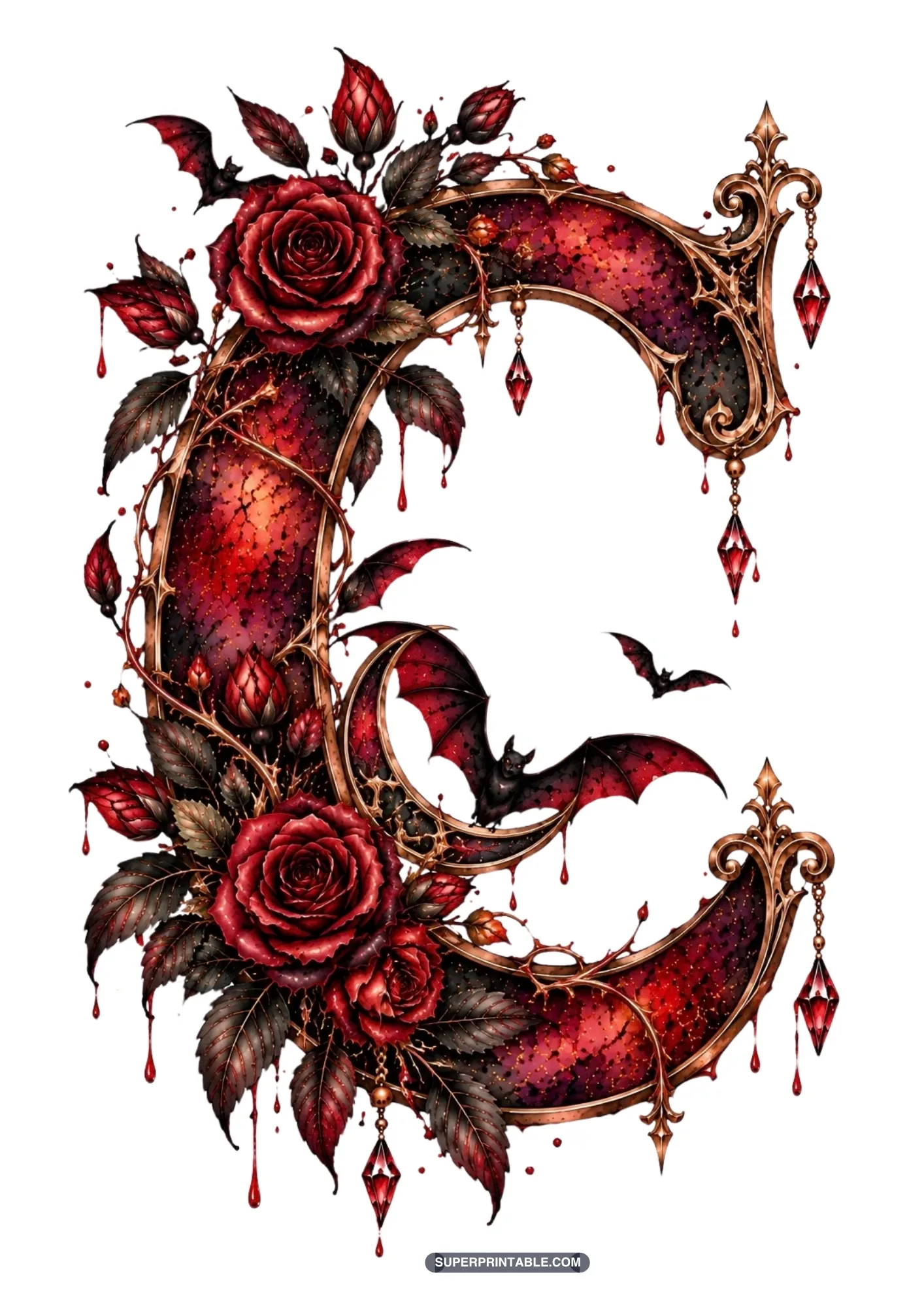 Gothic capital letter C adorned with blooming red roses, thorny vines, and flying black bats