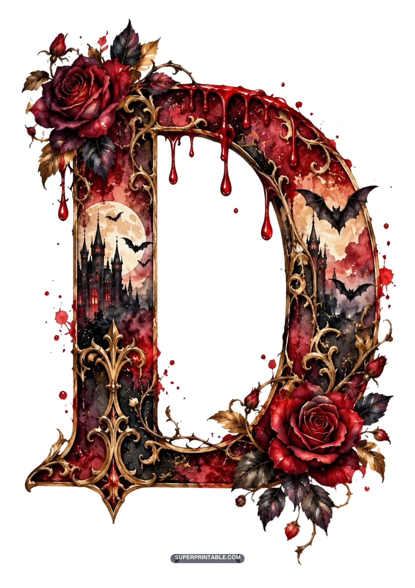 Gothic letter D framing a haunted vampire castle under a full moon with red roses