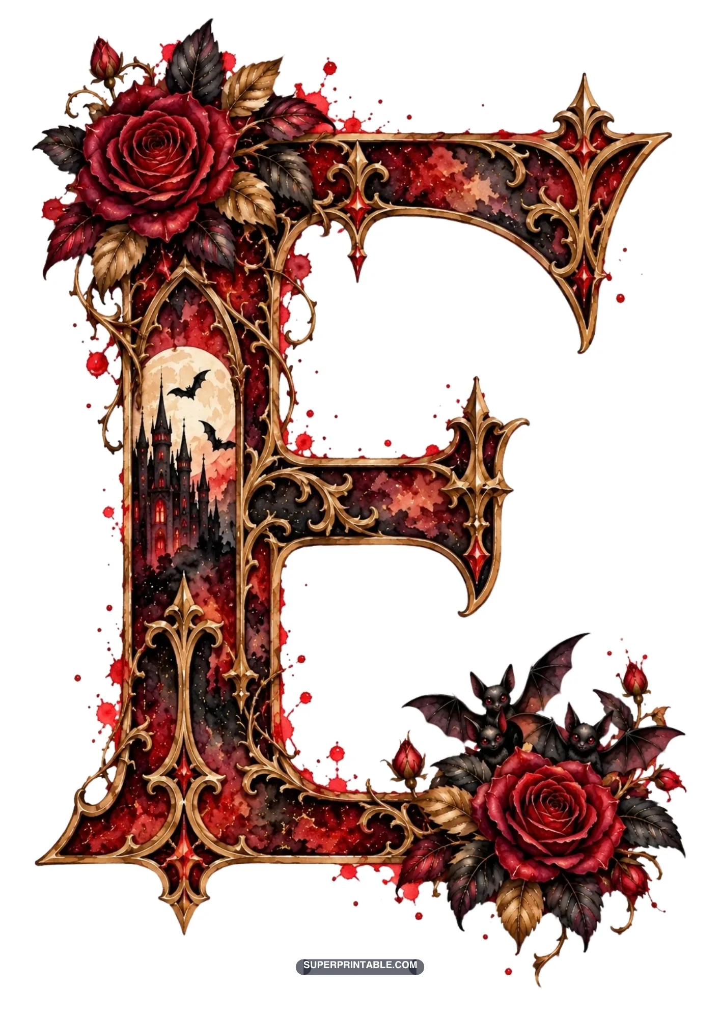 Ornate gothic letter E featuring a dark castle tower, red rose blossoms, and small bats