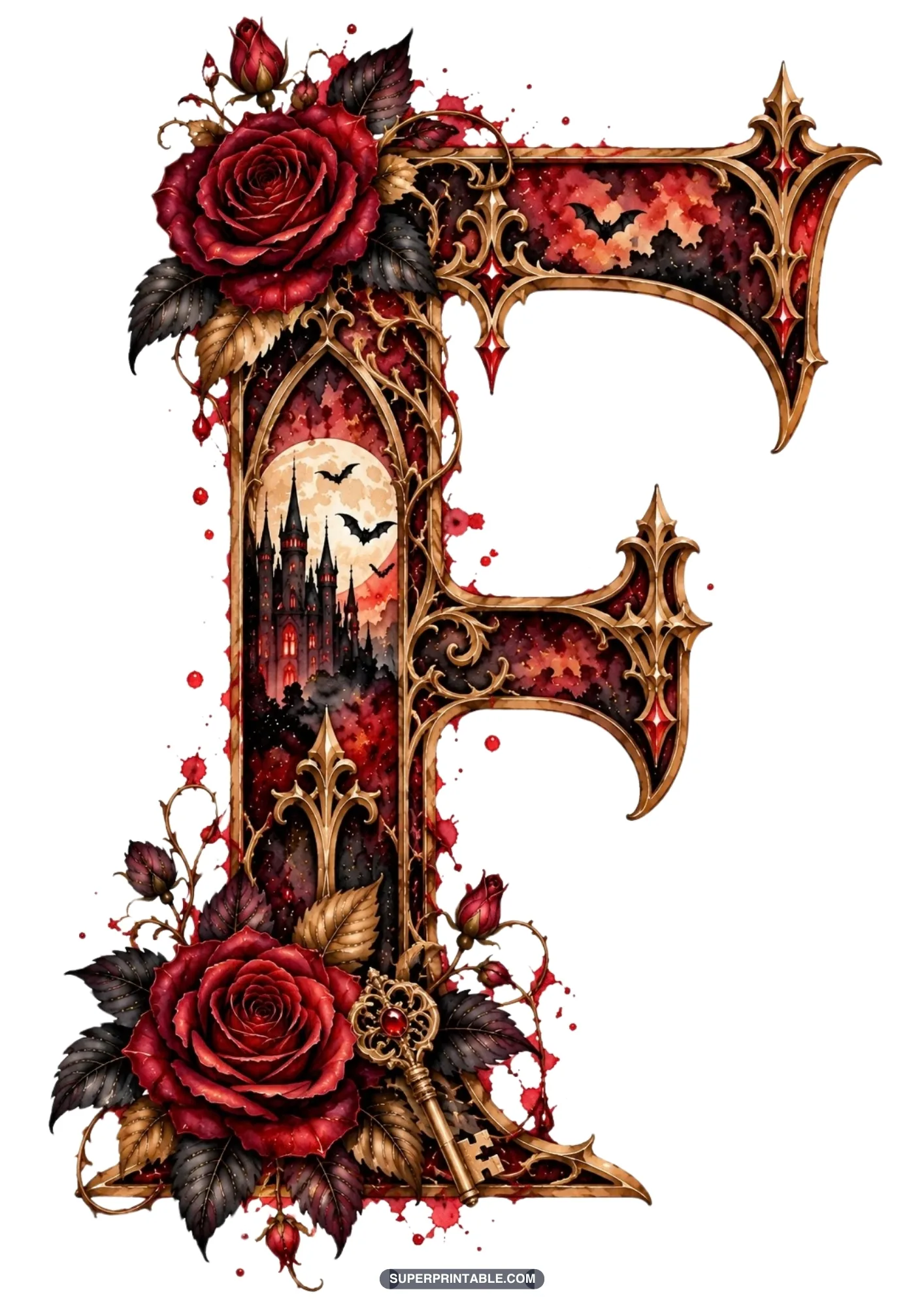 Gothic letter F decorated with an antique ornate key, dark red roses, and castle window