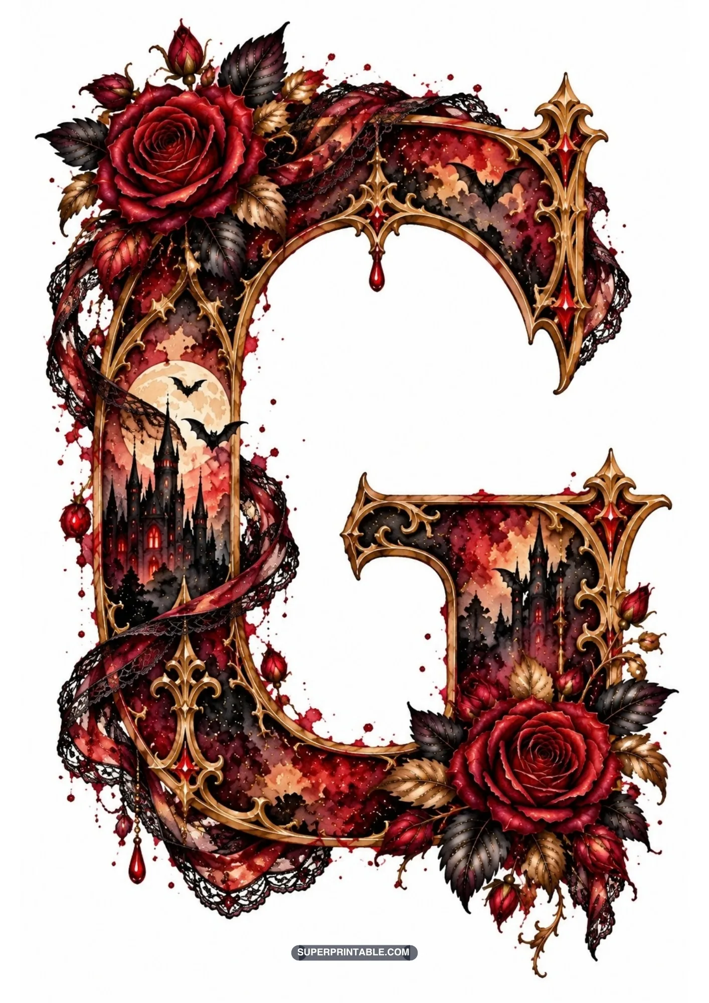Gothic capital letter G wrapped in sheer black lace ribbon with red roses and castle art