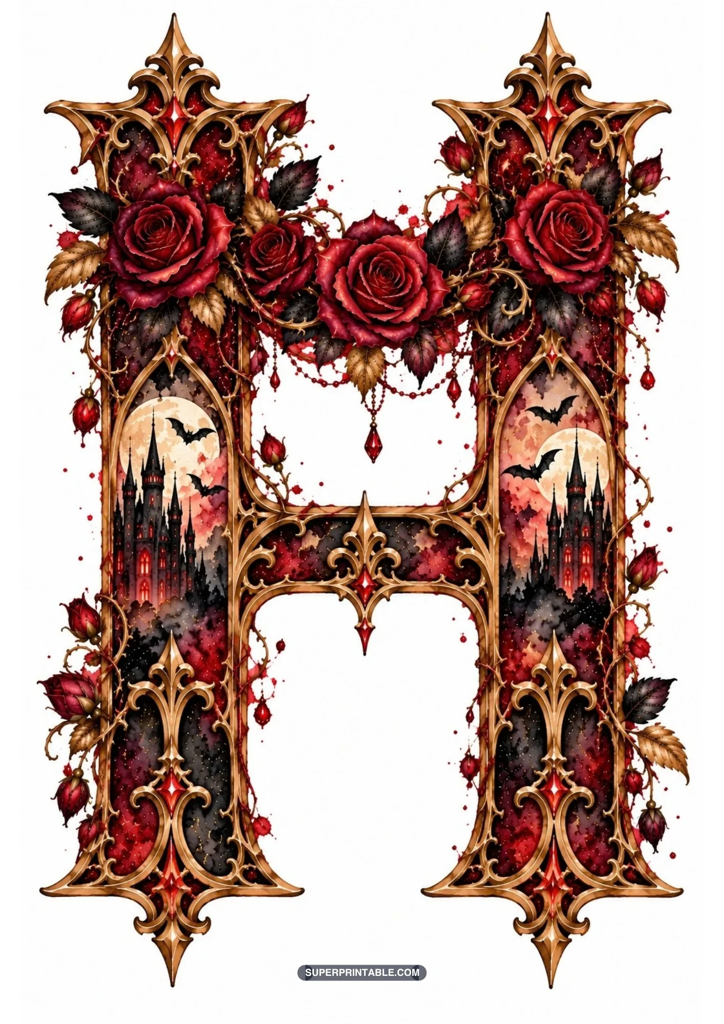 Gothic letter H with cathedral window arches displaying haunted towers and crimson roses