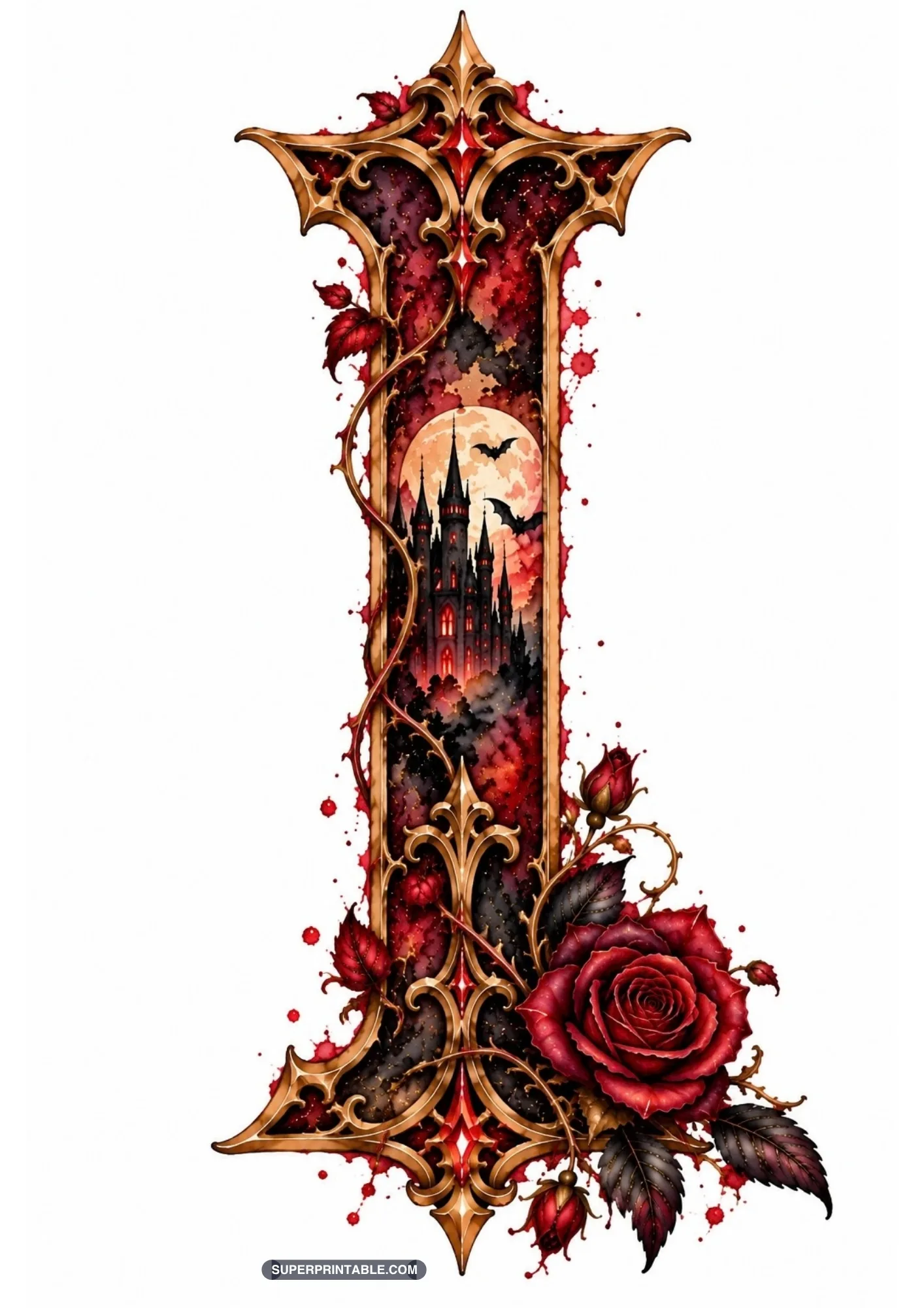 Slender gothic letter I spire with a full moon castle vista and blooming crimson rose