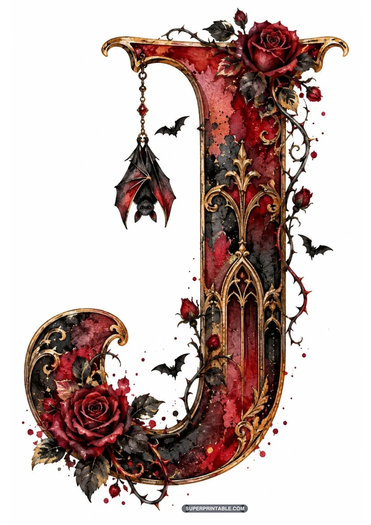 Gothic letter J featuring a bat hanging from a gold chain and deep red rose blossoms