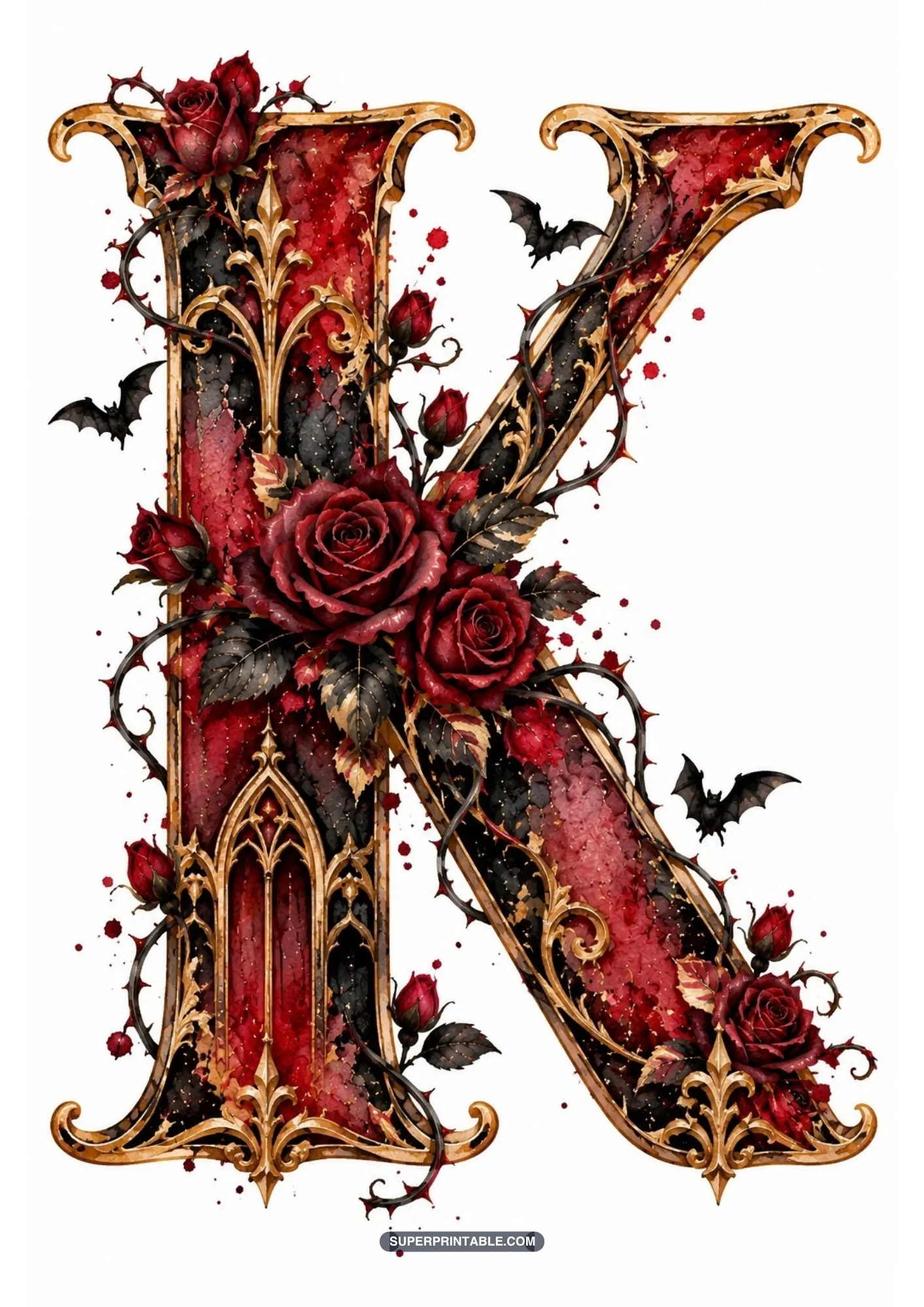 Intricate gothic letter K detailed with gold cathedral tracery, red roses, and bats