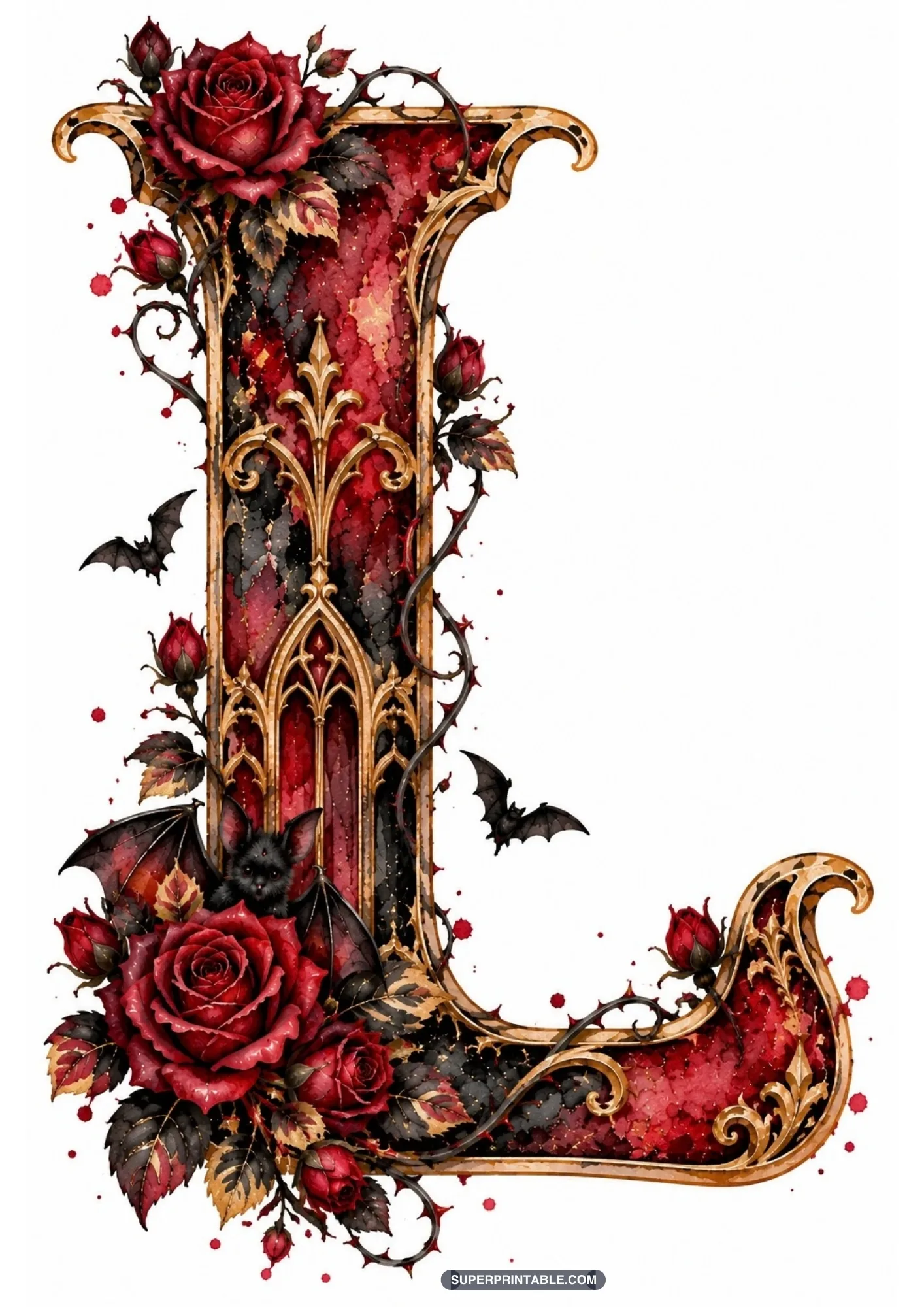 Gothic letter L decorated with an outspread winged bat, velvet roses, and gold scrolls