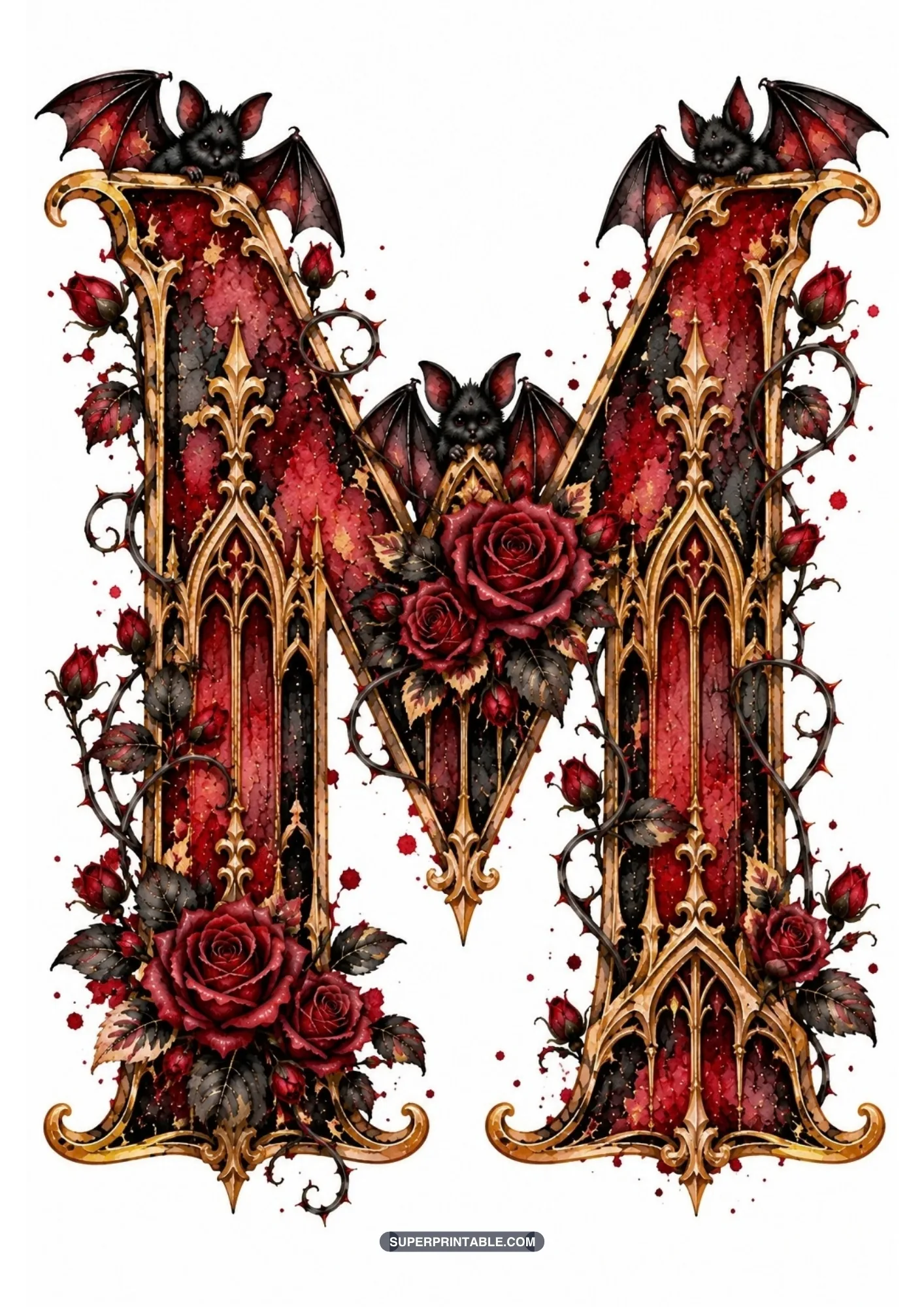 Majestic gothic letter M with cathedral lancet arches, three perched bats, and roses