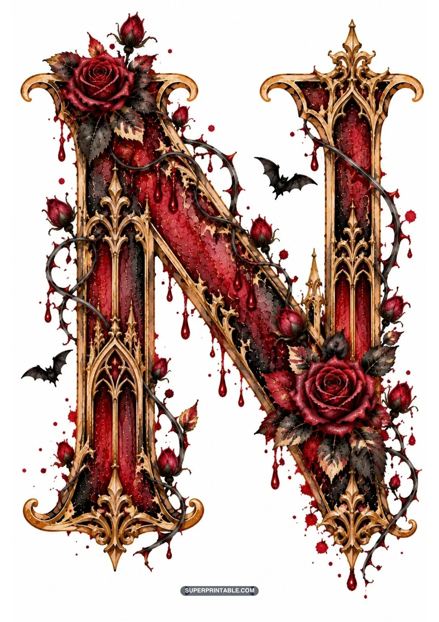 Gothic capital letter N with dripping crimson blood accents, dark roses, and gold trim