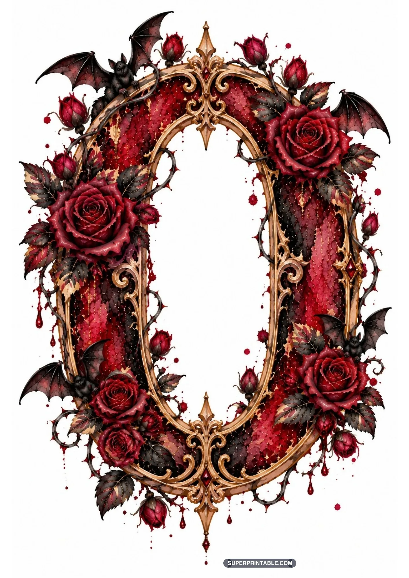 Oval gothic letter O frame surrounded by flying bats, red velvet roses, and gold scrolls