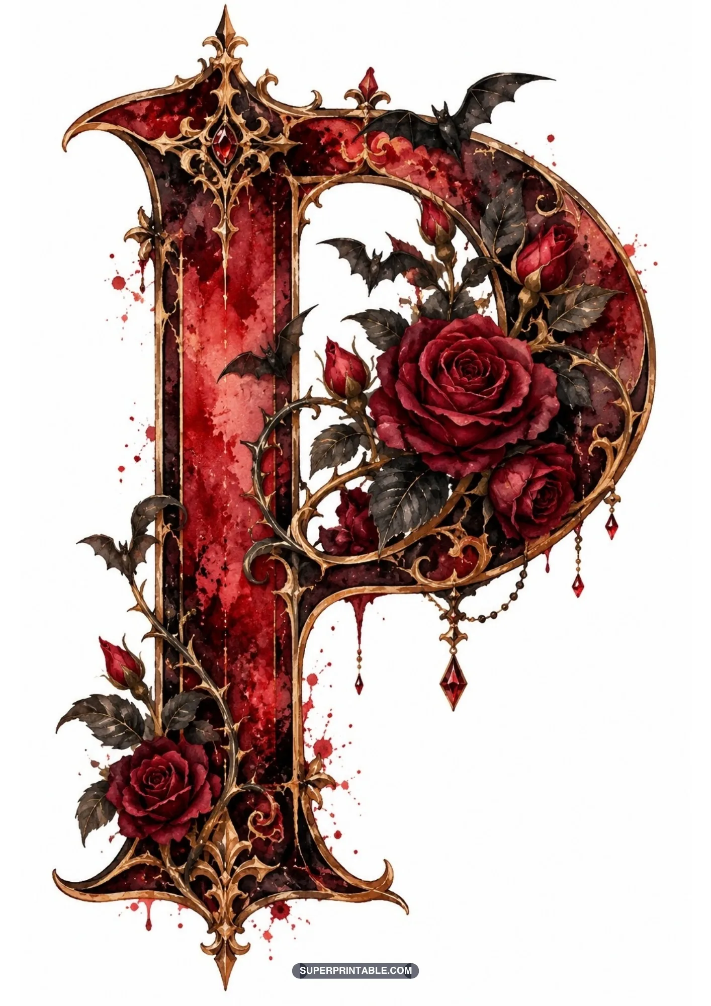 Gothic letter P adorned with rich red roses, hanging ruby crystals, and flying bats