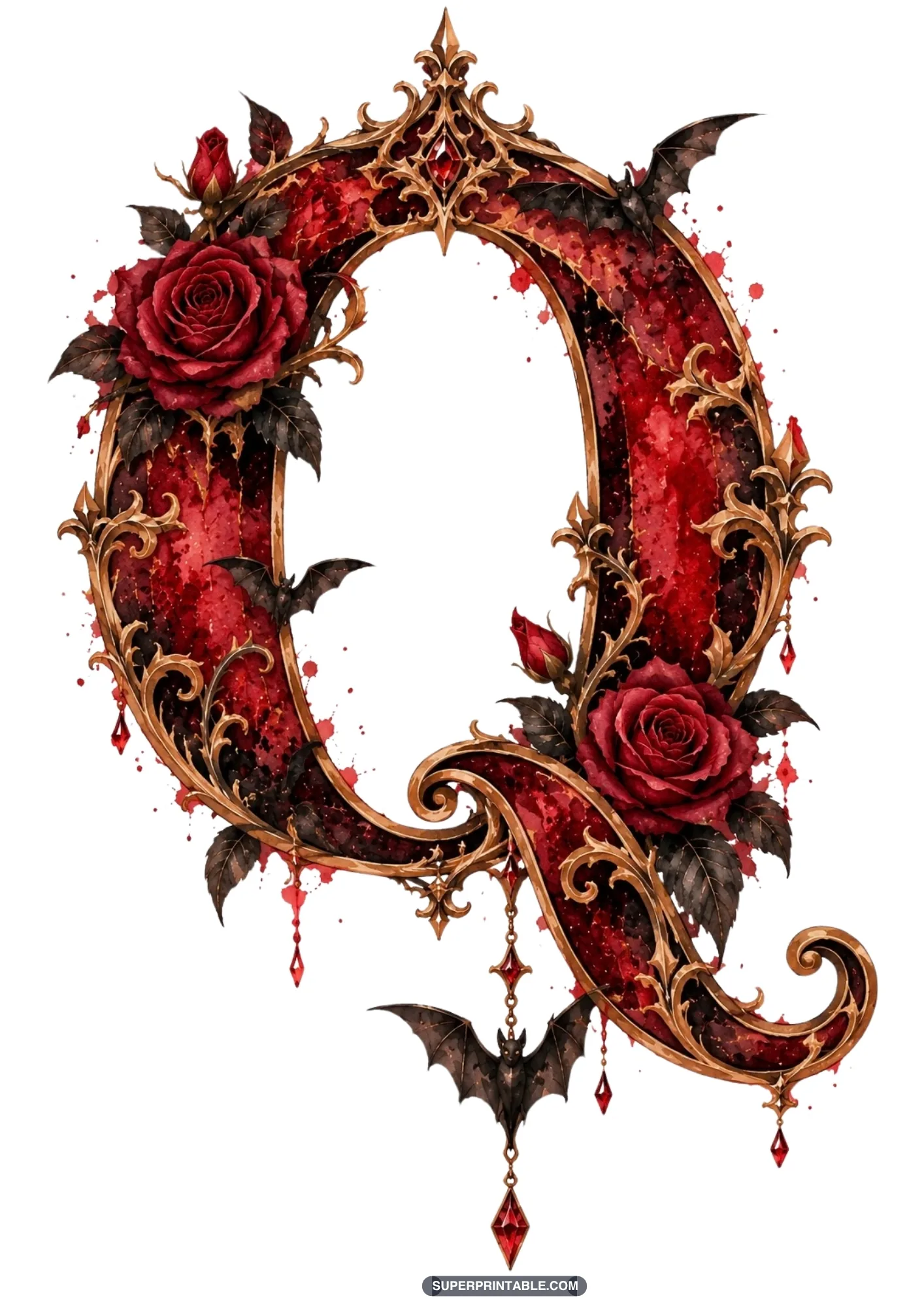 Ornate gothic letter Q with a sweeping decorative tail, ruby crystal, and red roses
