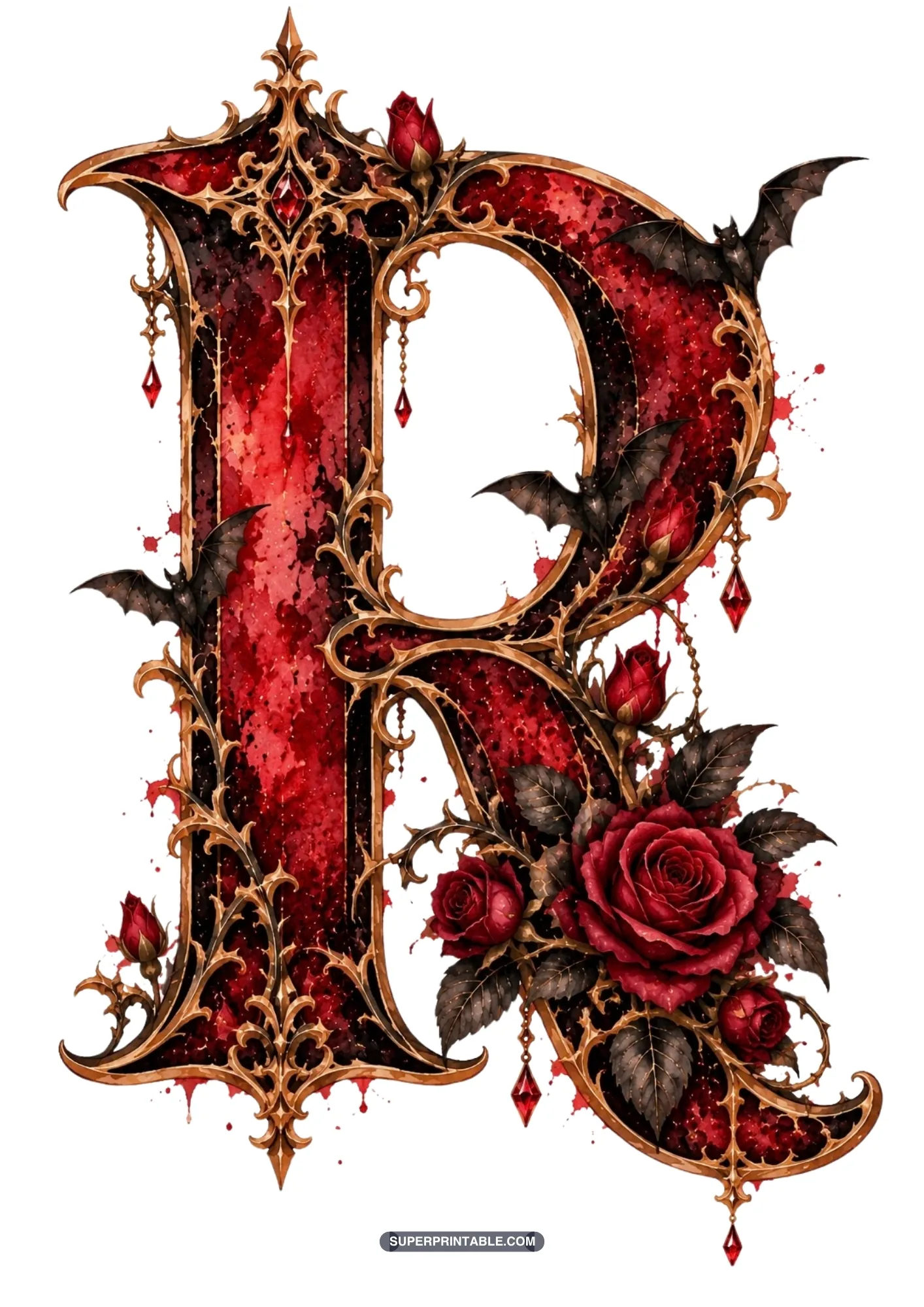 Gothic capital letter R adorned with crimson roses, hanging jewels, and flying bats