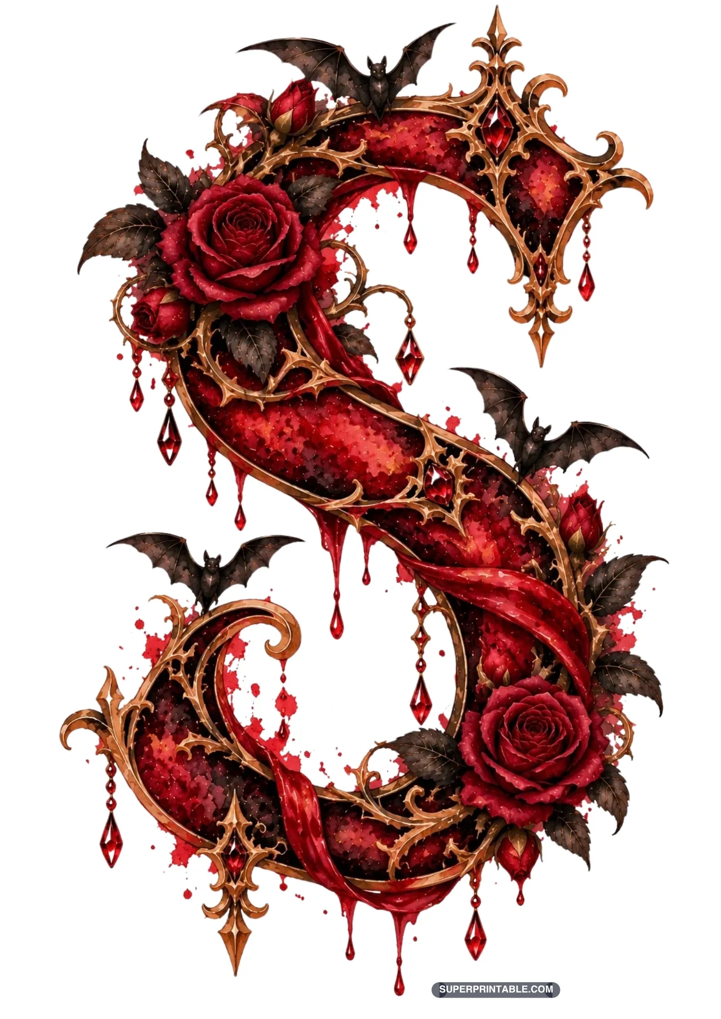 Sinuous gothic letter S draped in a red ribbon banner with dripping blood and roses