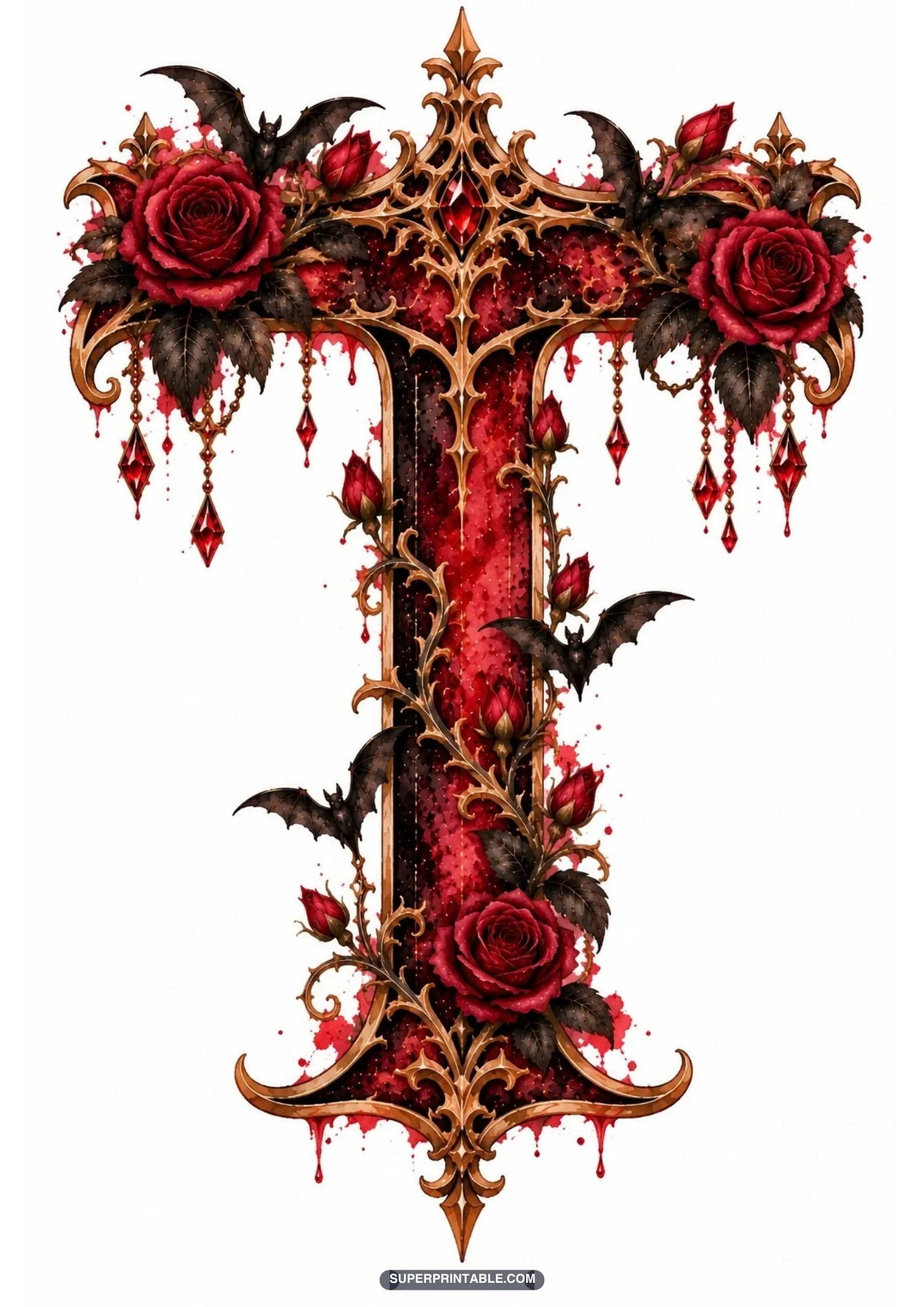 Gothic cross letter T styled with hanging crystal swags, dark roses, and flying bats