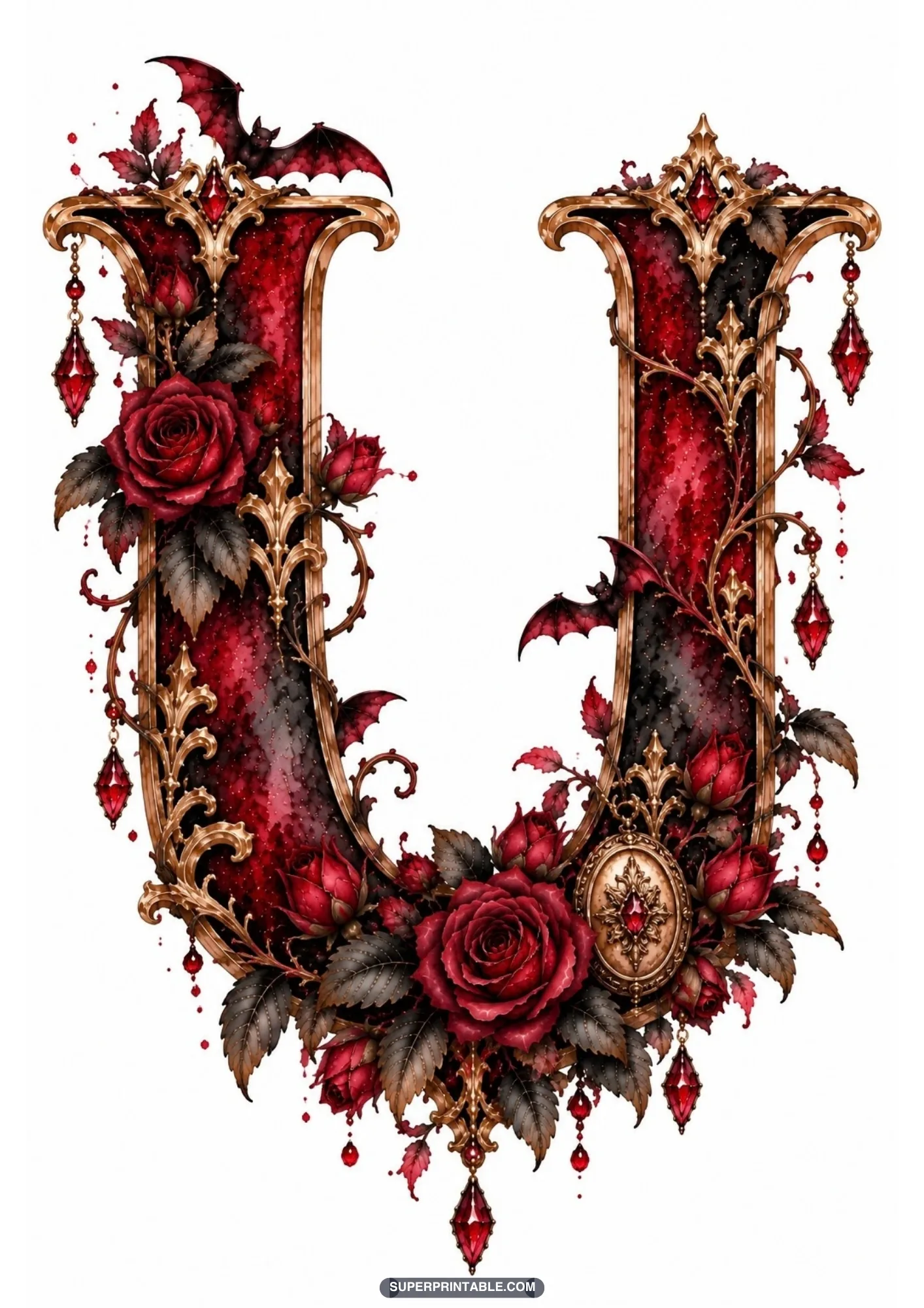 Gothic letter U featuring an antique oval cameo pendant, red roses, and flying bats