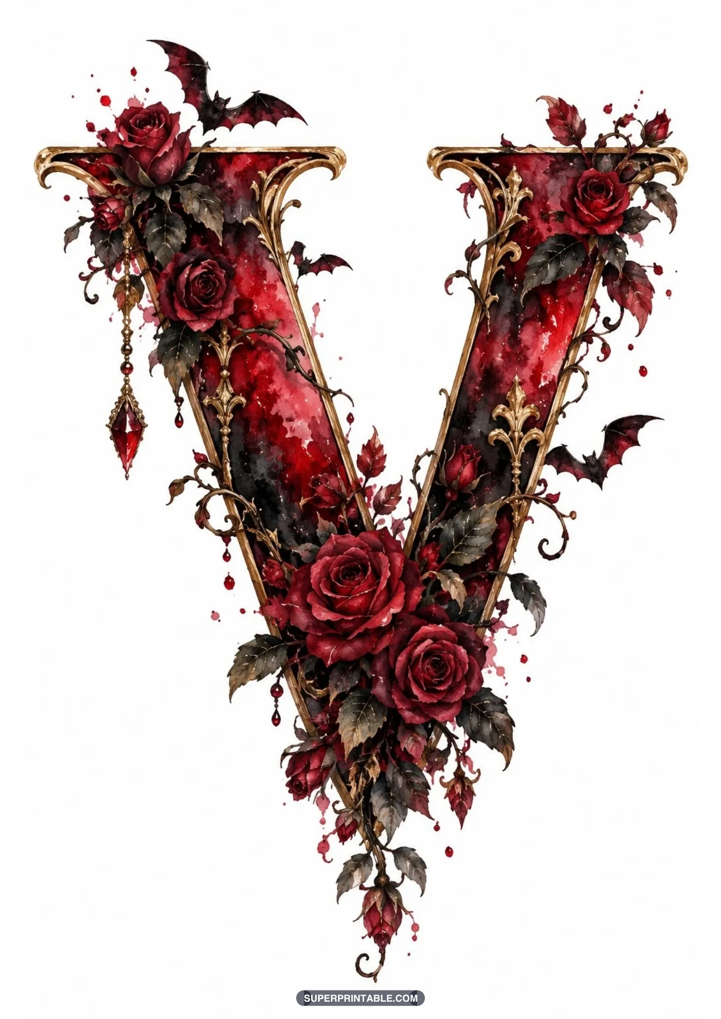 Sharp gothic letter V detailed with blooming red roses, thorny vines, and flying bats