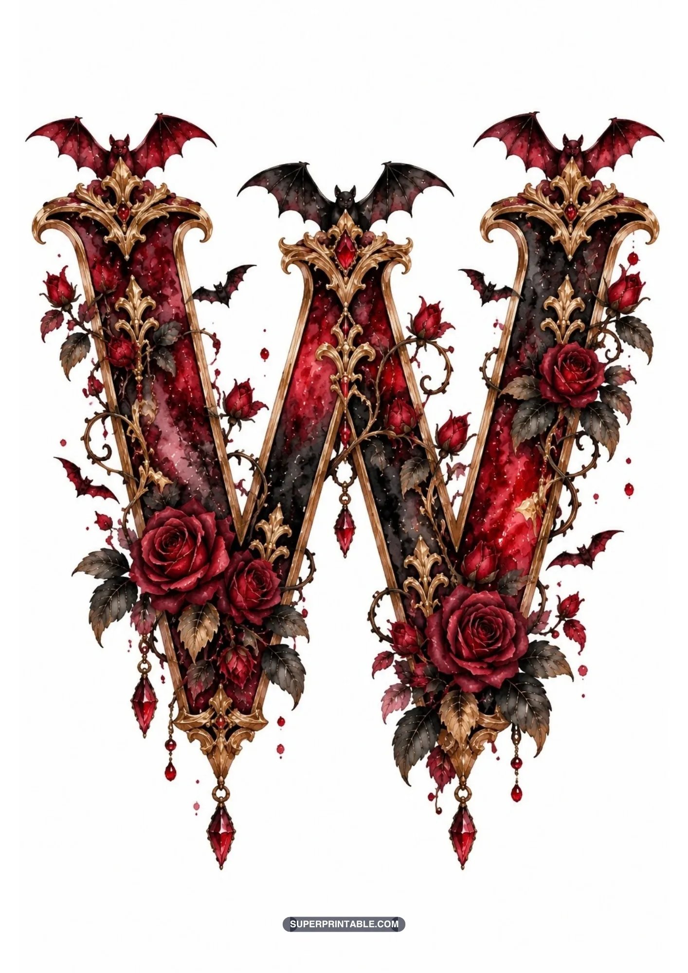Gothic letter W featuring a perched bat atop the center crest and crimson rose blooms