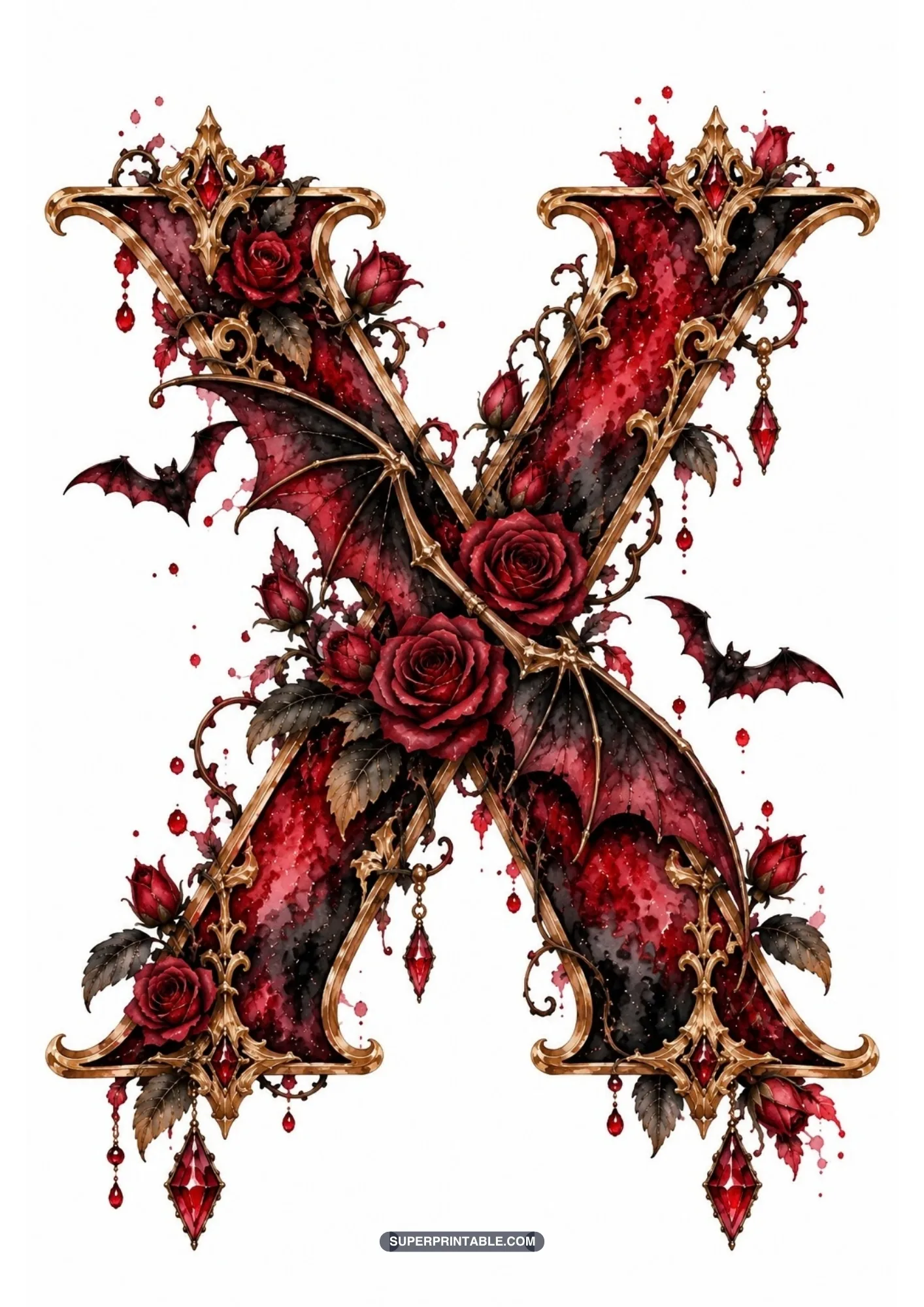 Gothic letter X featuring outstretched bat wings across the diagonal bars and roses