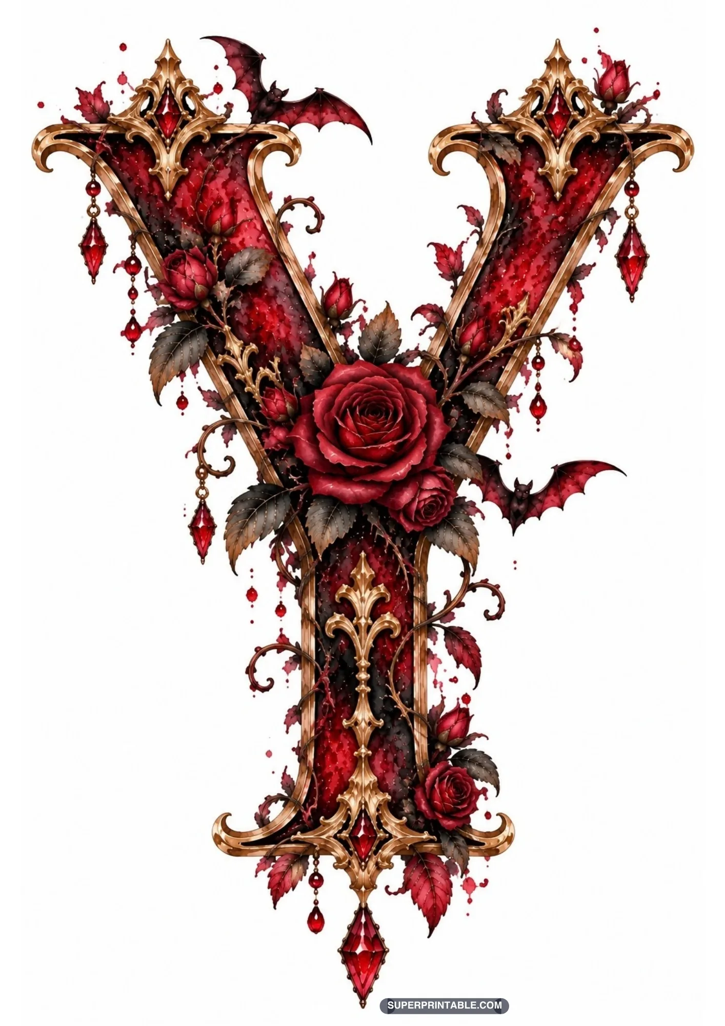 Gothic letter Y embellished with antique gold filigree, crimson roses, and flying bats