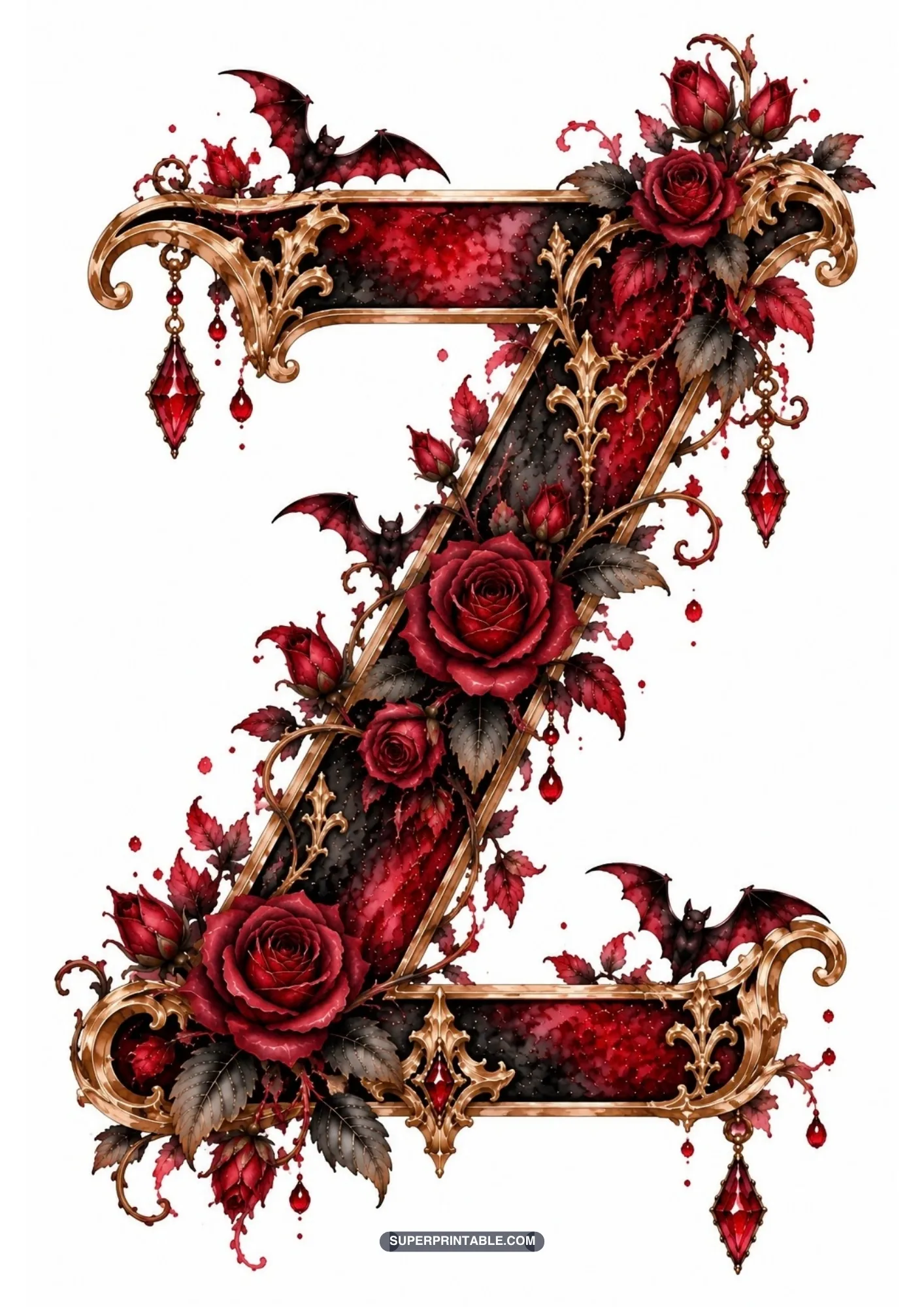 Gothic capital letter Z with a perched bat on the diagonal bar and dark red roses