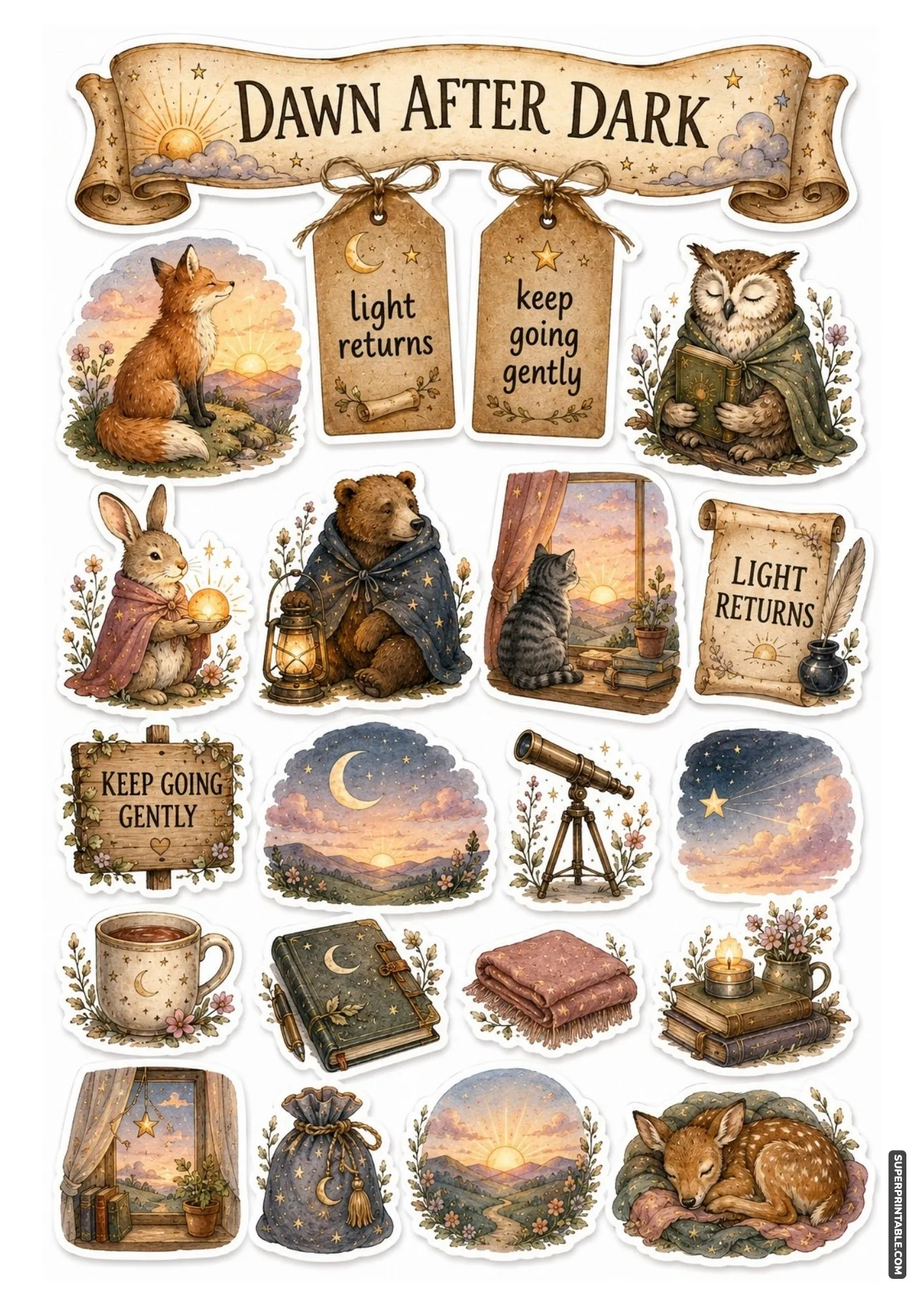 Dawn after dark printable moon and stars stickers with sunrise landscapes, warm lanterns, and nocturnal animals.