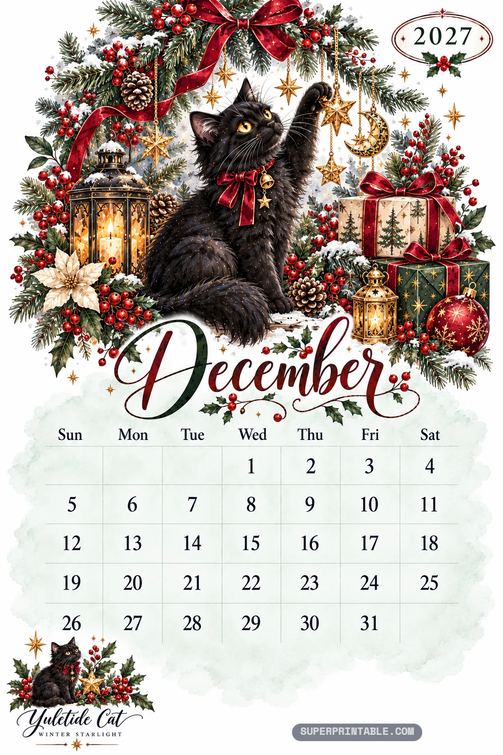 December page of the black cat 2027 calendar depicting a feline batting at hanging golden star ornaments