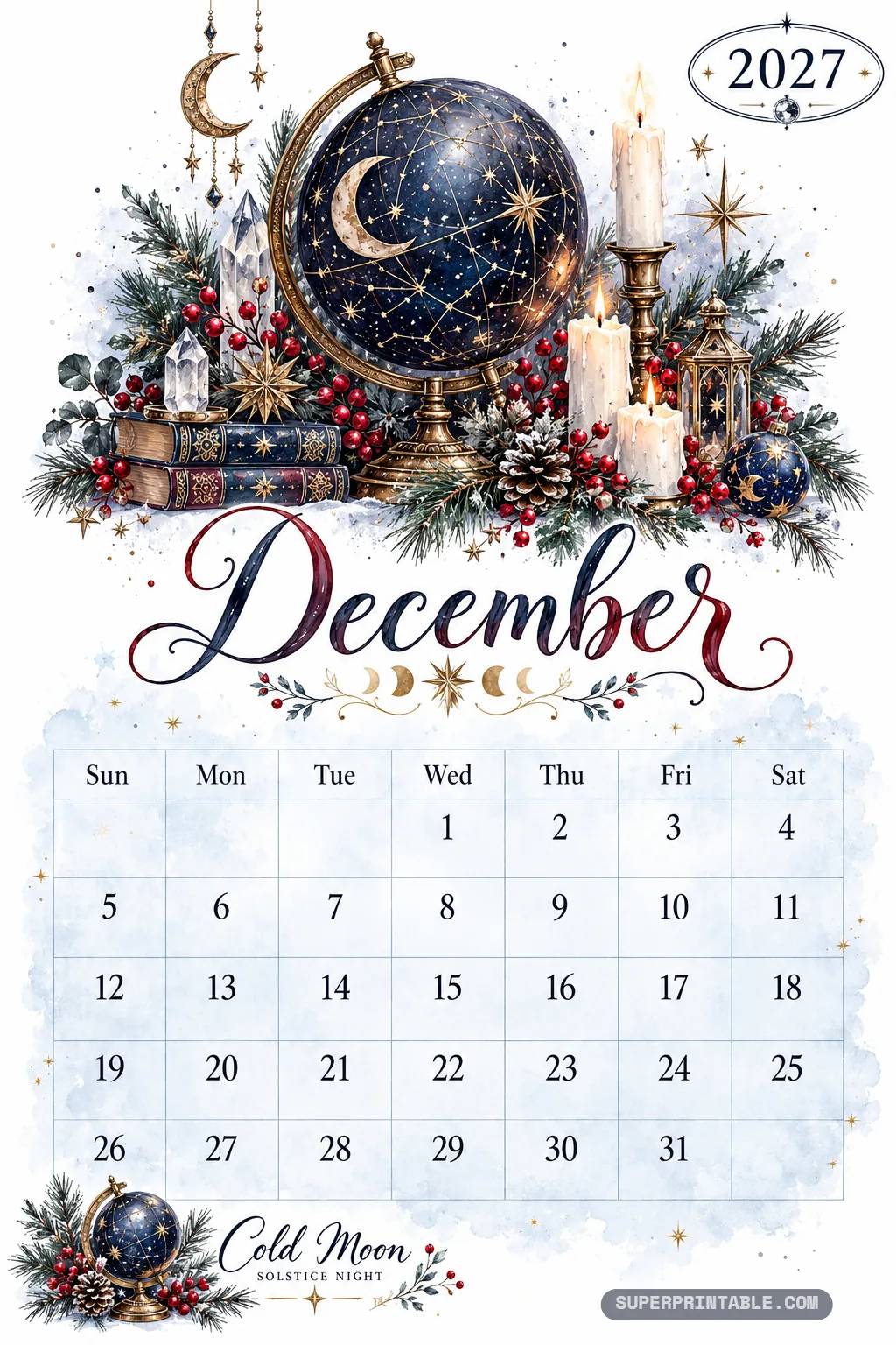 Celestial constellation globe surrounded by burning white candles, pine boughs, and winter berries