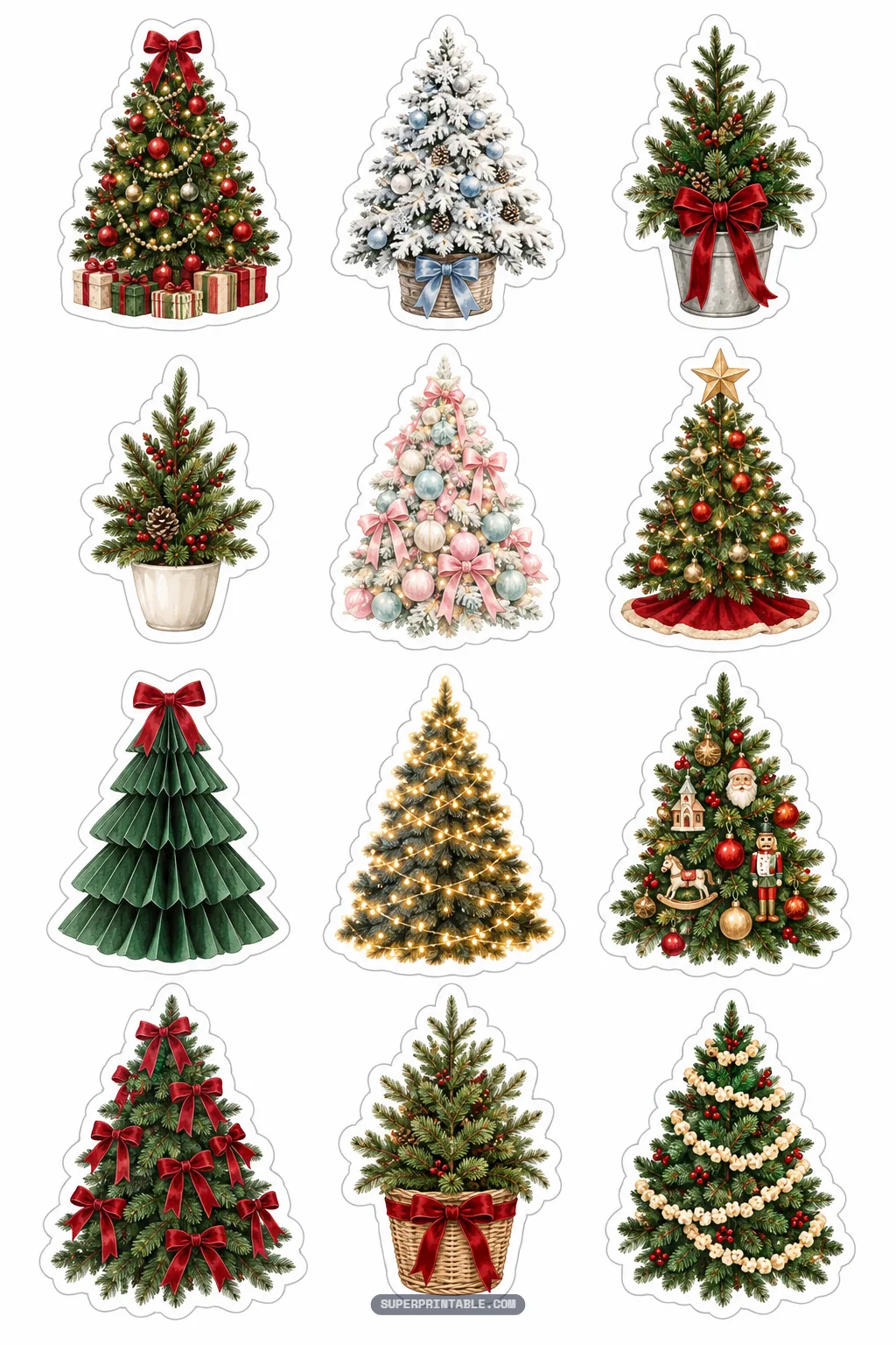 Printable christmas holiday sticker sheets featuring twelve decorated evergreen and pastel trees