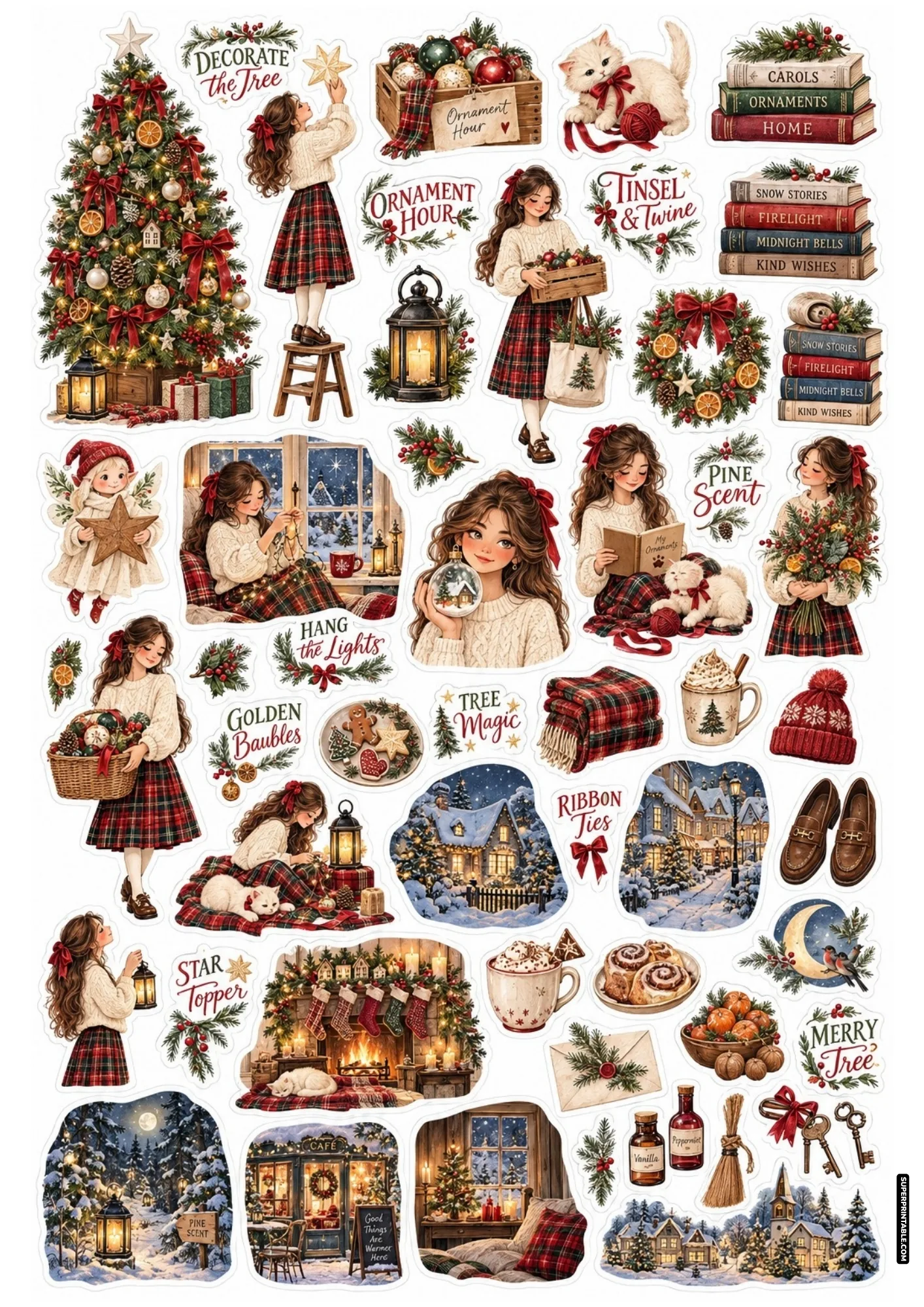 Holiday sticker sheet displaying Christmas tree trimming, glass baubles, glowing lanterns, and cozy pets