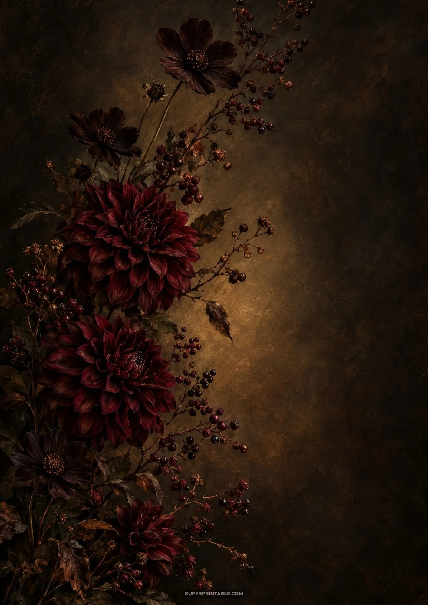 Velvety burgundy dahlias and dark berry stems standing against warm bronze and brown mottled plaster