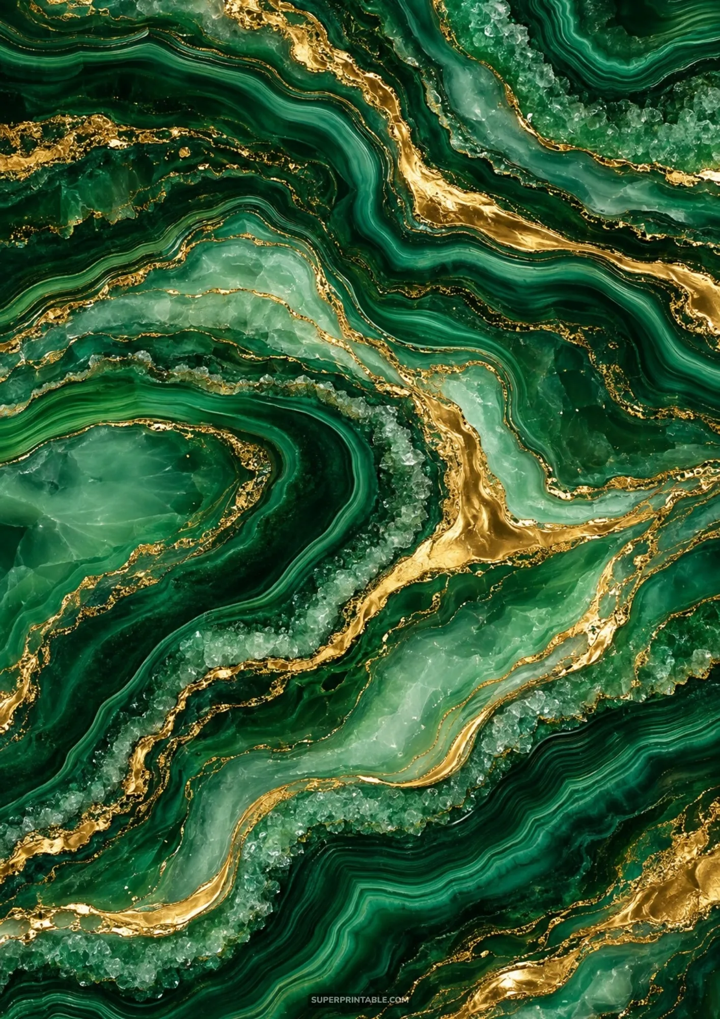 Deep green malachite agate slice with exposed crystal geode pockets and brilliant gold veins