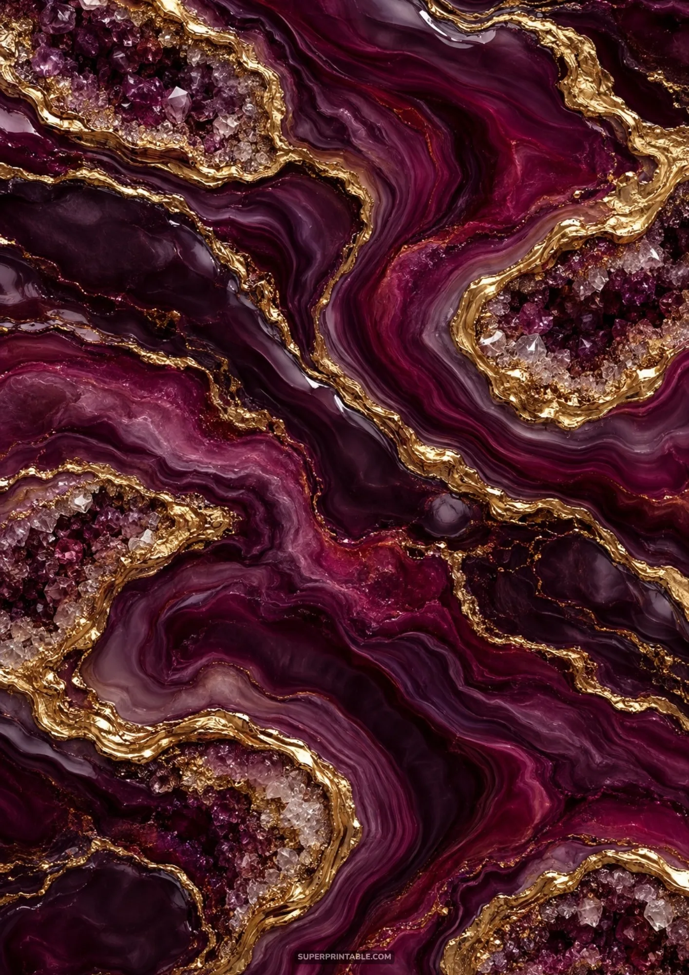 Luxury marbled agate backgrounds showing plum purple geode crystals and molten gold borders