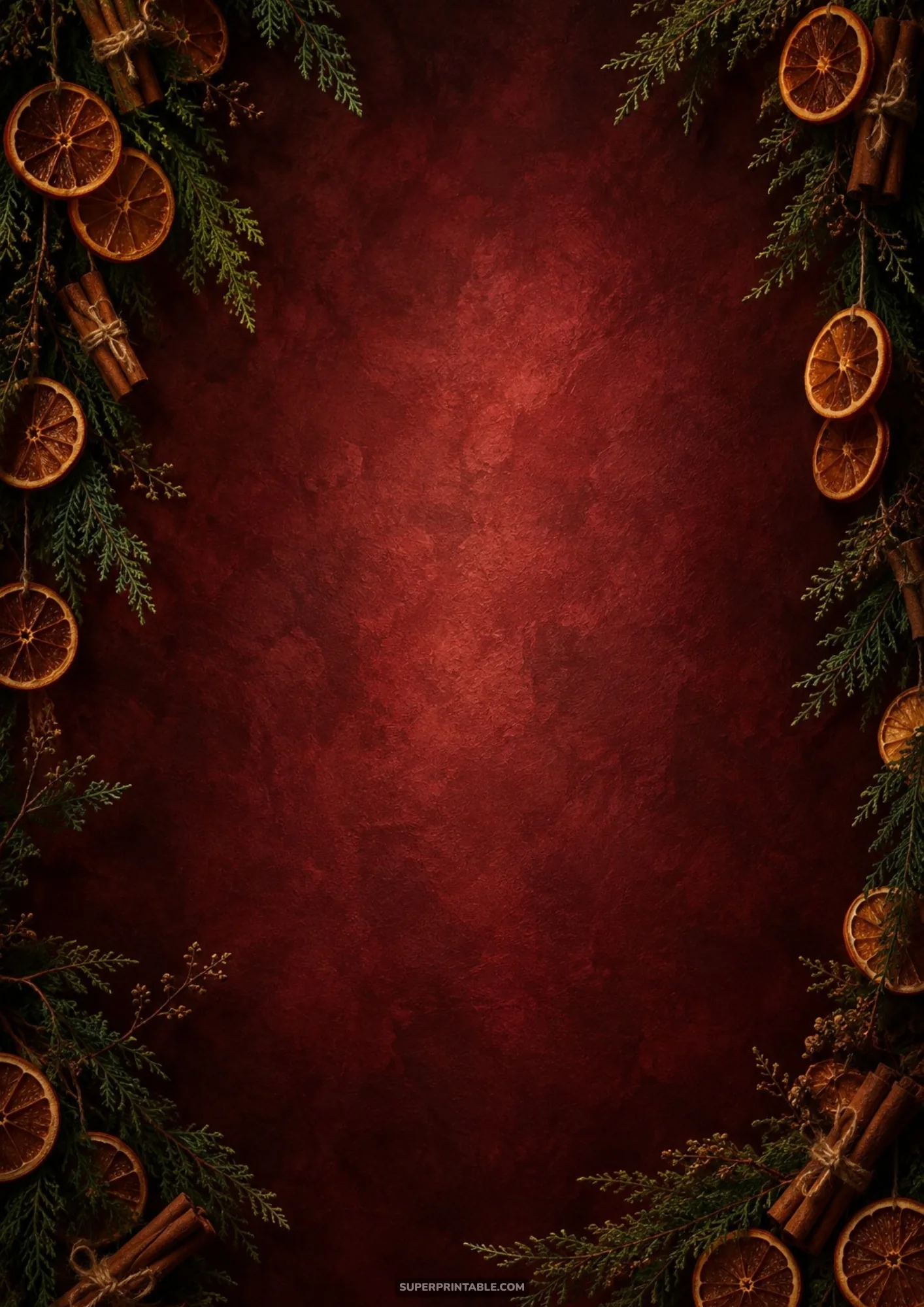 Rich burgundy background framed by cedar boughs, dried oranges, and cinnamon