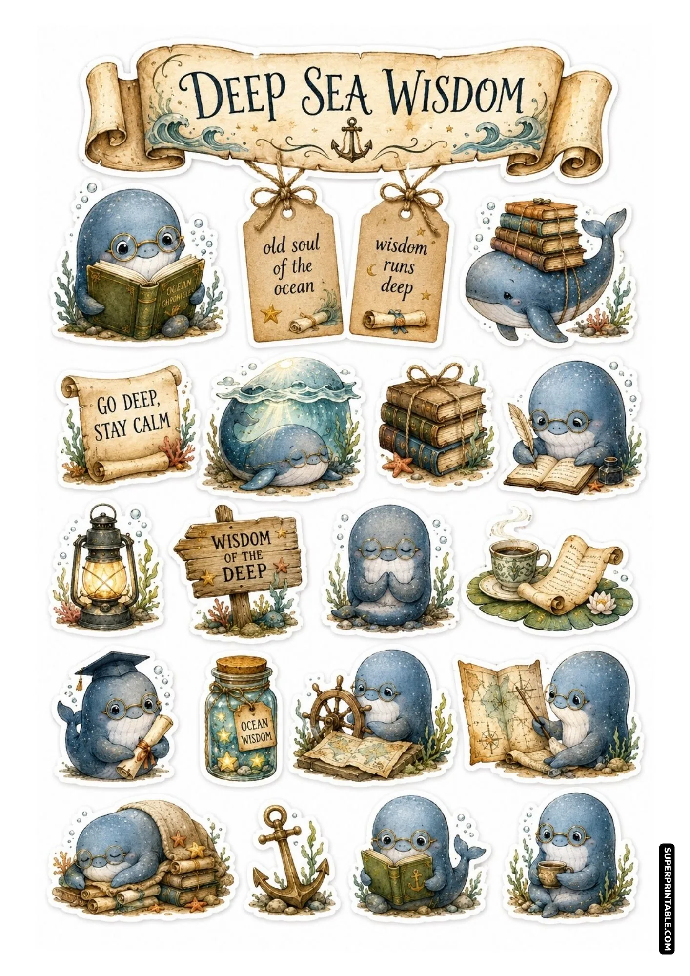 Ocean themed sticker sheet with wise blue whales wearing glasses alongside antique books and nautical elements.
