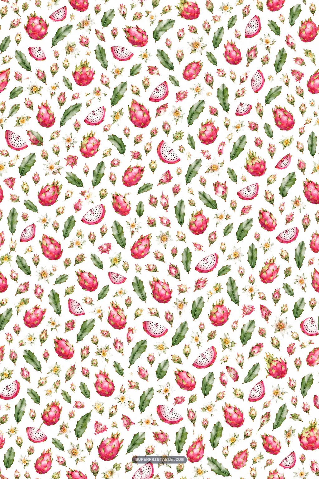 Delicate allover scatter of petite dragon fruits, sliced wedges, green cactus pads, and blooms.