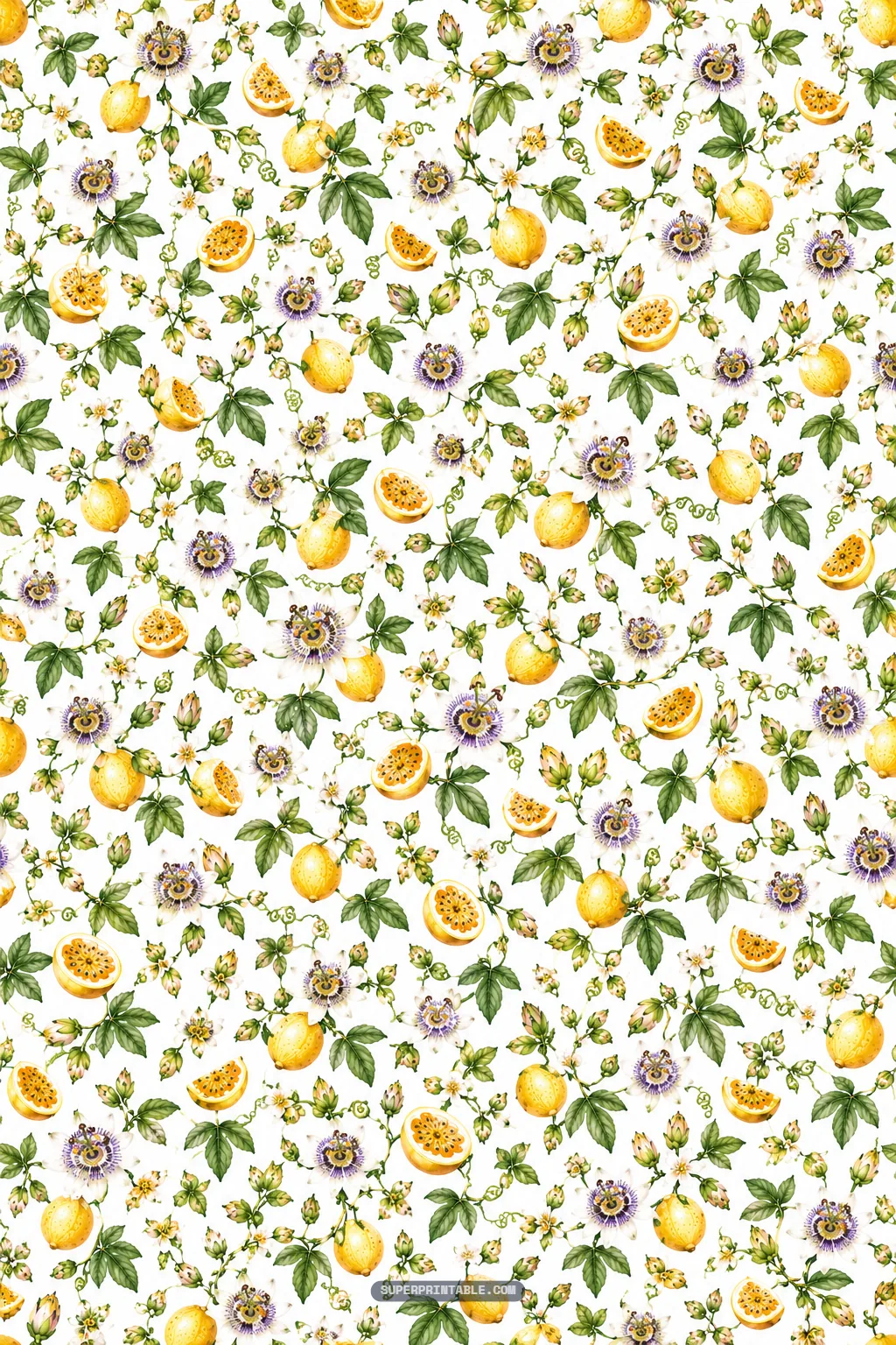 Miniature ditsy vine scatter featuring tiny yellow passionfruits, halved fruit slices, and sweet blossom stars.