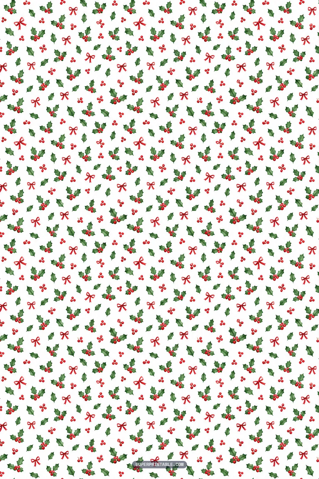 Dainty miniature green holly leaves with tiny red berries and petite ribbon bows scattered across white
