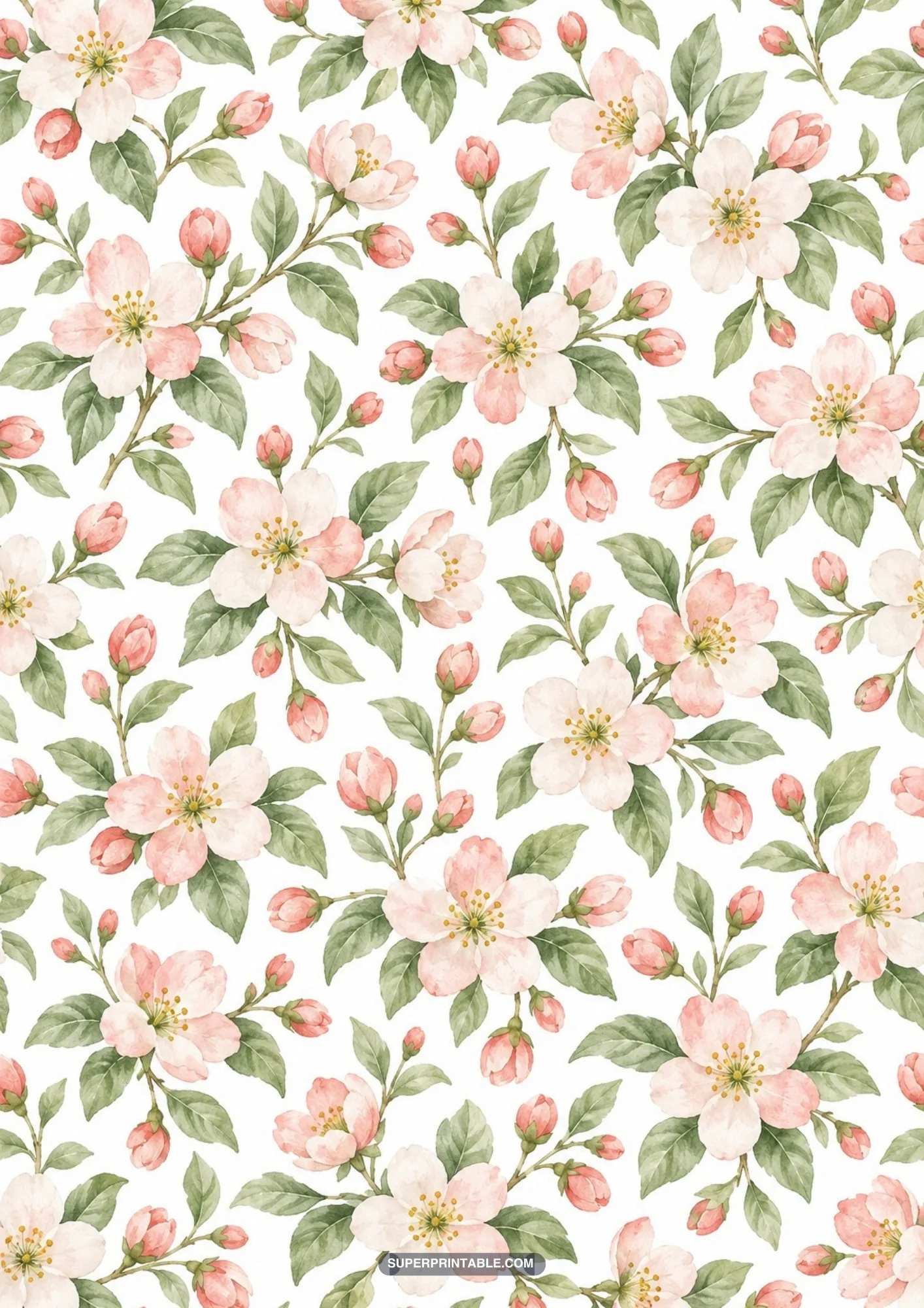 Soft blush pink apple blossoms in full bloom with tender buds and green leaves