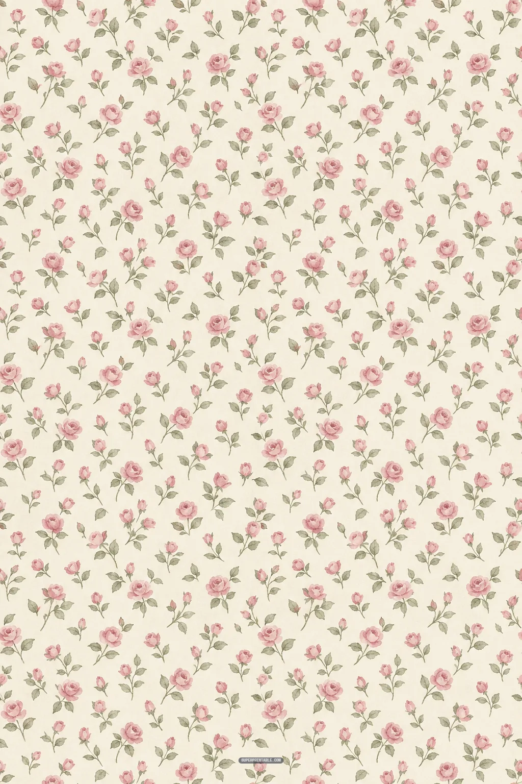 Seamless cottagecore garden digital papers pattern with delicate pink roses and leafy stems on cream background