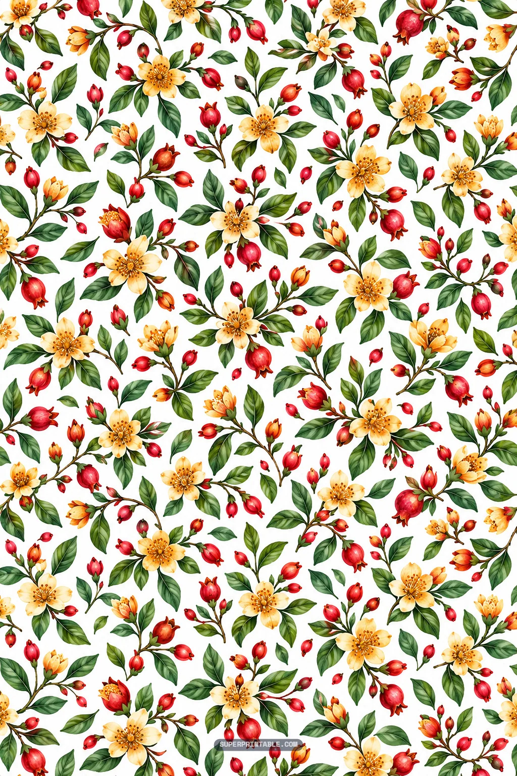 Delicate pomegranate blossom floral pattern with yellow flowers and tiny red fruit buds
