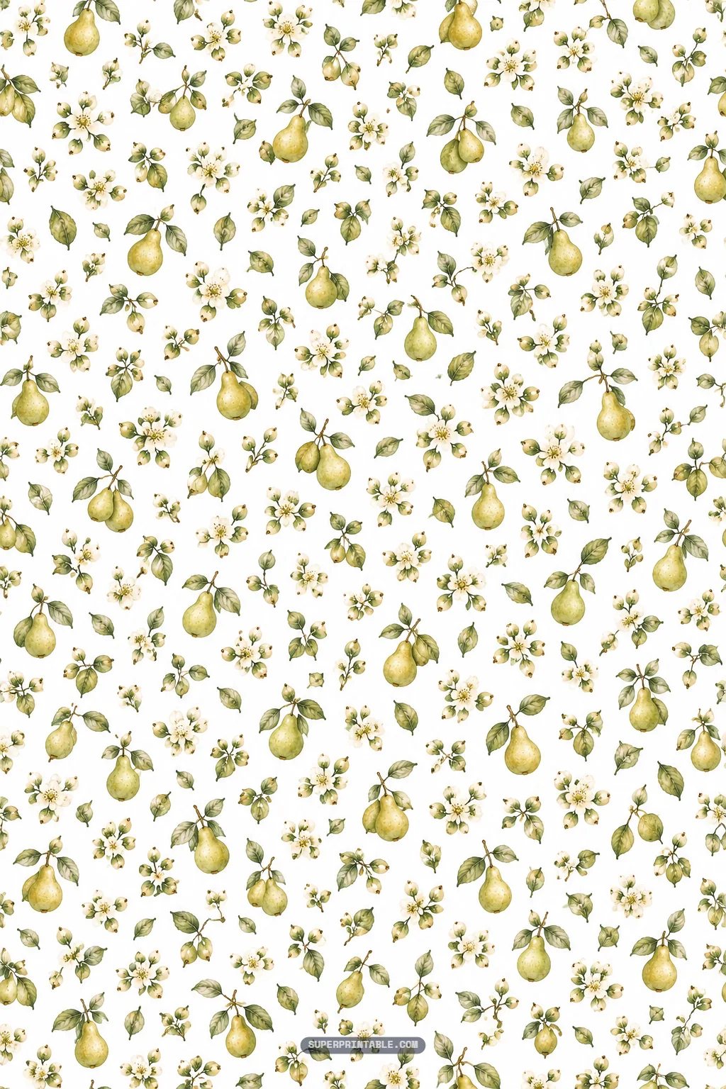 Airy pattern of tiny scattered green-gold pears, pairs of leaves, and petite white floral blossoms.