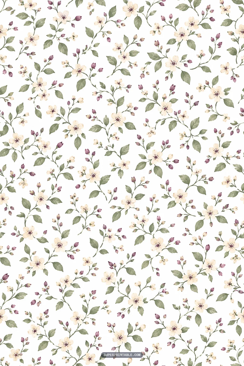 Delicate cream floral blossoms, deep plum buds, and winding slender green stems pattern.