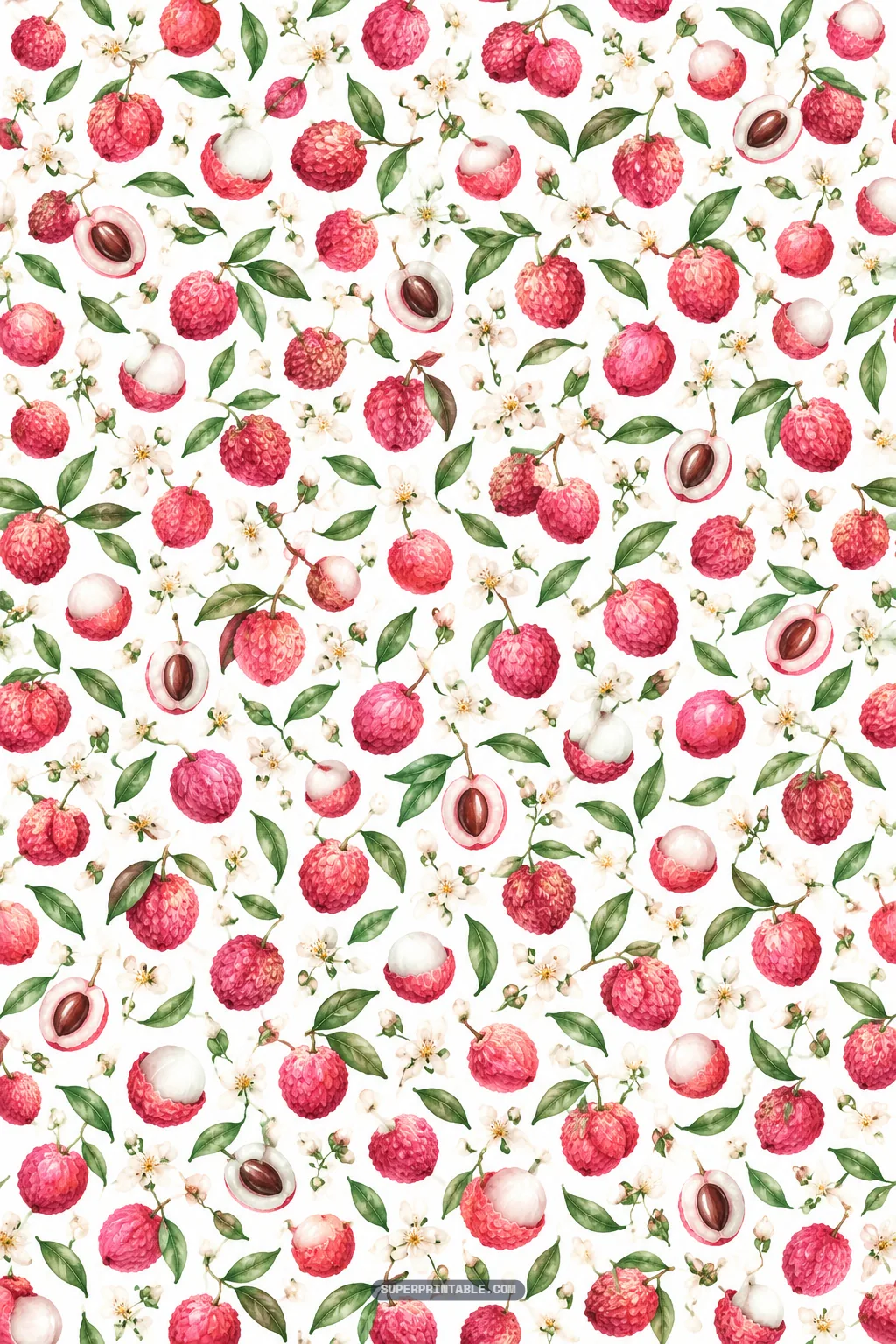 Delicate watercolor pattern featuring tiny scattered red lychees, cut fruit halves, and small blossoms.